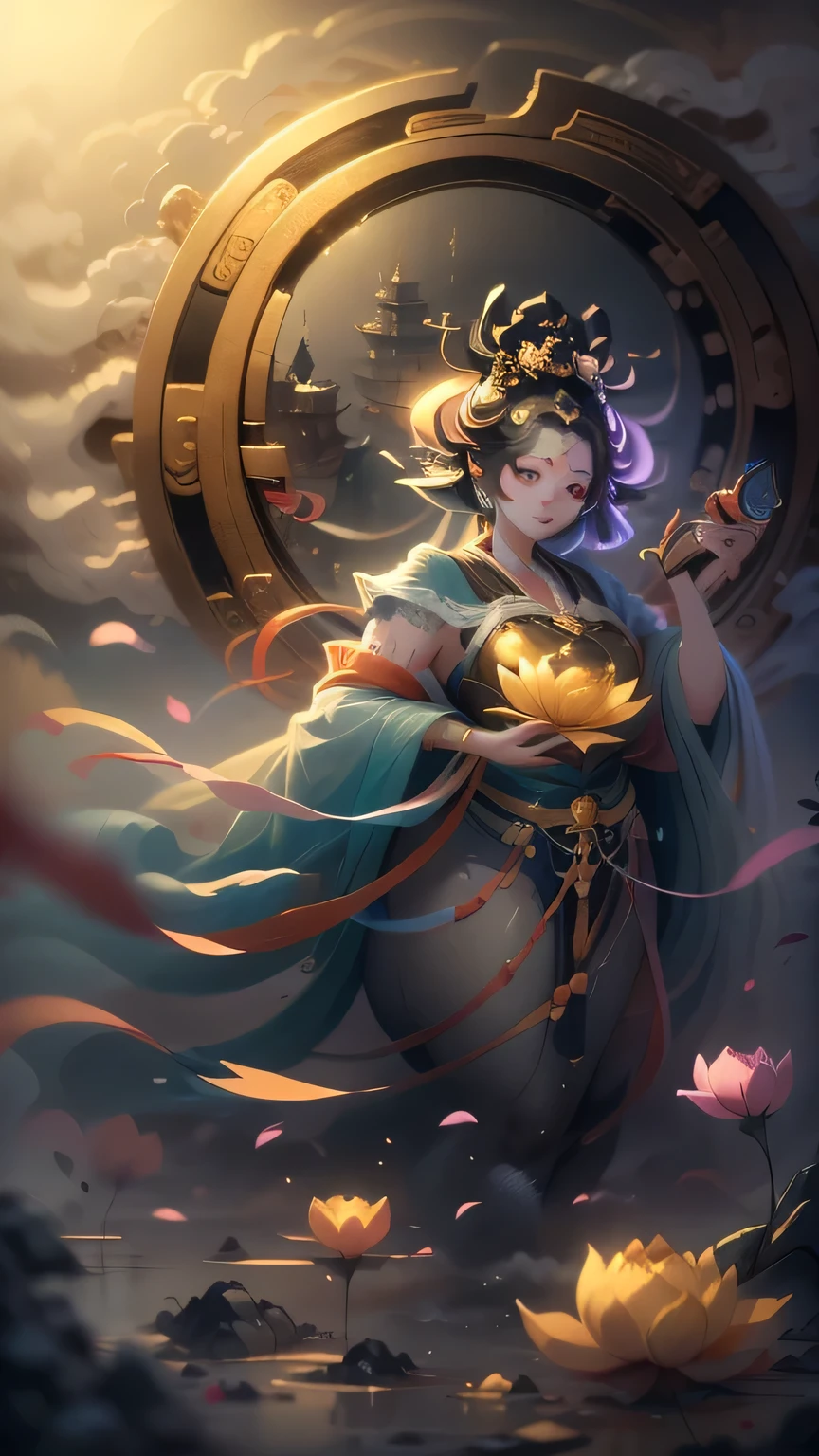 Fantasy,8k,Highly detailed CG unit wallpaper, masterpiece,High resolution,Highest quality,Highest quality real texture skin,,Increase the resolution,RAW Photos,Highest quality,Very detailed,wallpaper,Cinema Lighting,Ray-tracing,Golden Ratio, Extremely colorful,Colorful isekai ,(very noble ,, godliness,Three thousand worlds,Infinite happiness,joy,no gravity,Milky Way,background\(heaven\),in the Thick Fog,(Thick Fog:1.5)\),\(below heaven,look up\),(Thick Fog:1.5),Color is empty,Urgent as a command,Wide-angle lens,Wide composition,Benzaiten,Lotus flowers in full bloom,5th Dimension