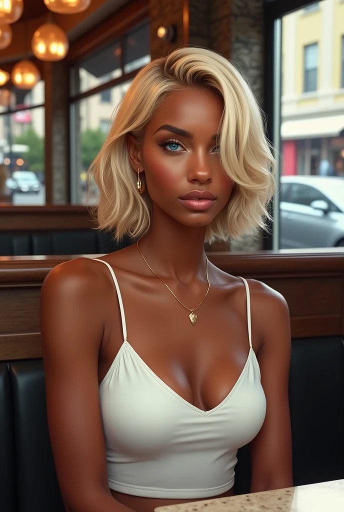 (head of'artwork: 1.2, best quality), realistic, (realistic Picture, intricate details, depth of field), best quality, head of'artwork, very detailed, Semi realistic, 1 fille, black female, 21 ans, cheveux blonds, Short hair to shoulders, Left eye covered with hair, blue eye, les vêtements modernes, classy but very sexy, white top, silhouette mince, à une table devant un cocktail, Table de restaurant, Banc souple, western city, tetas grandes