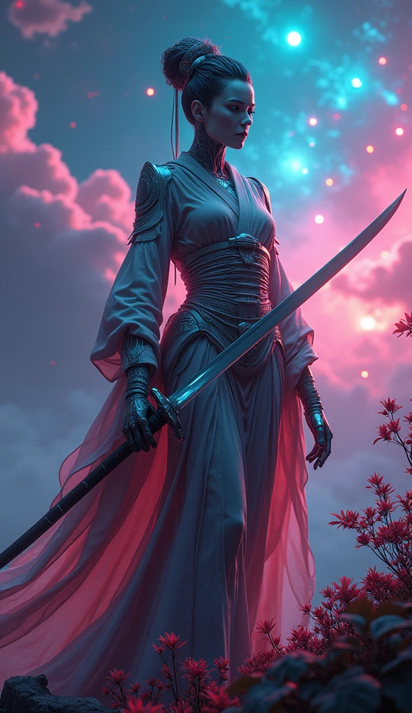 A highly detailed android geisha with a samurai sword, a female space marine, futuristic feudal Japanese sci-fi landscape on an alien planet, colorful night with colorful sky, light reflection in sword, cinematic dramatic lighting, muted color palette, dark sci-fi atmosphere, best quality, 8k, highres, masterpiece,ultra-detailed,realistic,photorealistic,photo-realistic,HDR,UHD,studio lighting,ultra-fine painting,sharp focus,physically-based rendering,extreme detail description,professional,vivid colors,bokeh