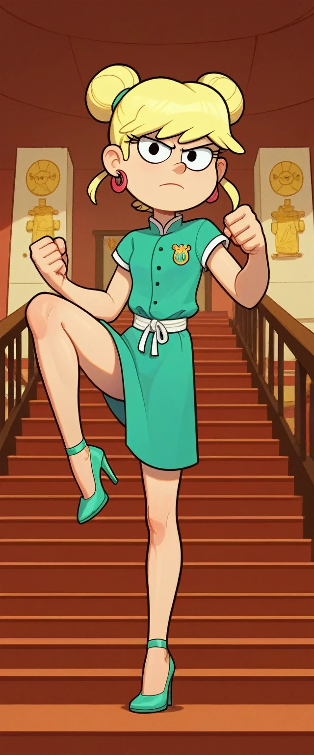 leni loud, 1girl, solo, 7yo girl, child, flat chests, green cheongsam,  inside of a chinese temple, looking at viewer, blonde hair, two hair buns , hands  score_9, score_8_up, score_7_up, high heels, teep fighting stance,martial arts, stairs behind her, guarding the stairs