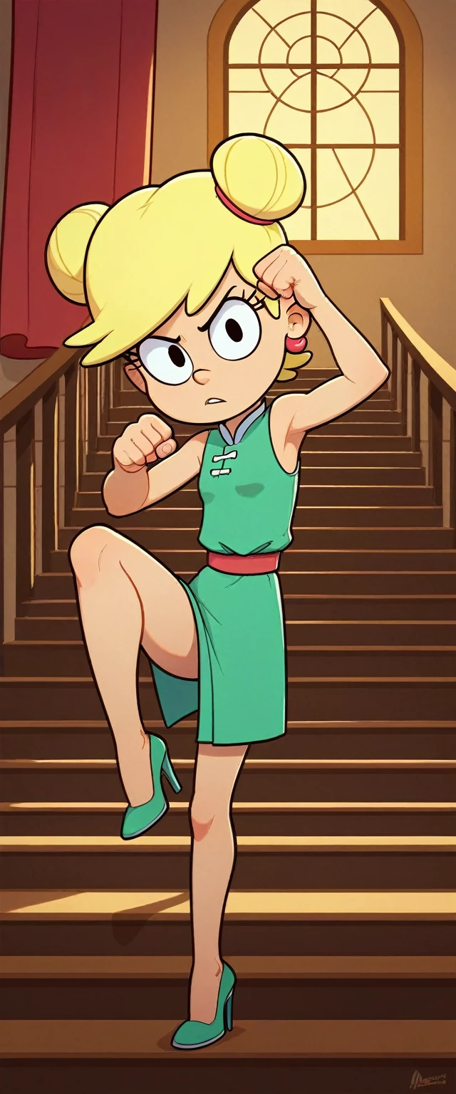 leni loud, 1girl, solo, 7 girl, flat chests, green cheongsam,  inside of a chinese temple, looking at viewer, blonde hair, two hair buns , hands  score_9, score_8_up, score_7_up, high heels, teep fighting stance,martial arts, stairs behind her, guarding the stairs