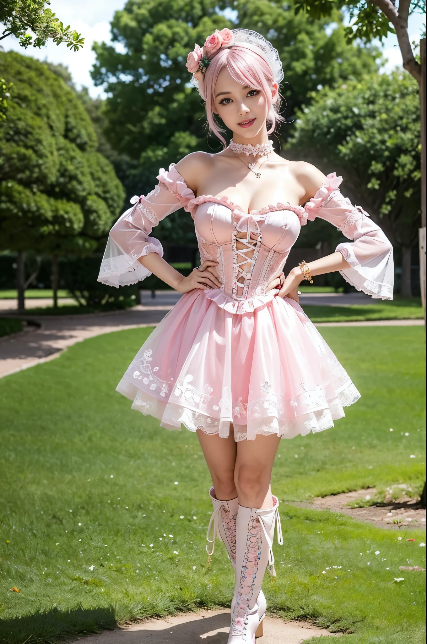 (nsfw), sexy stylish Swedish model, only 1 female, ((doll-like appearance)), short neon pink stylish hair, ((shiny Victorian-Style boots)), (big smile), ultra detailed eyes, vivid eye makeup, lip-gloss, long lashes, defined eyebrows, ((sexy Paradise Kiss cosplay)), bell-shaped skirt, petticoats, high neckline, puffed sleeves, ((ultra detailed lace)), ((ultra detailed embroidery)), intricate details, Paradise Kiss accessoires and matching headpiece, choker, ((large sparkling Paradise Kiss jewelry)), cinematic light, detailed large park background with trees