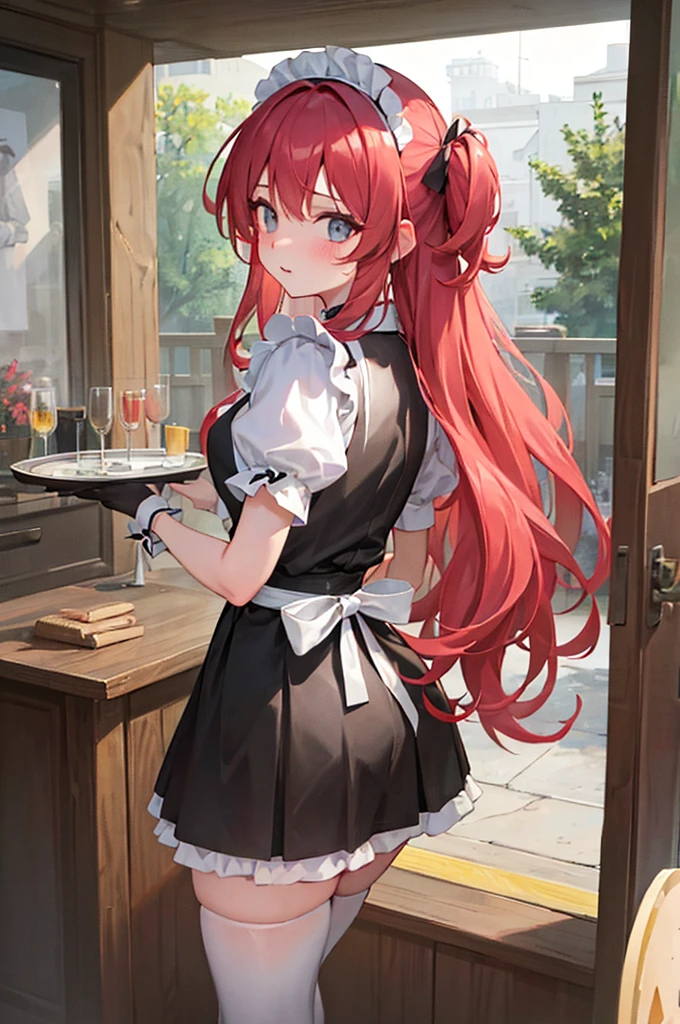 young girl, with maid outfit, ((standing backwards)), (lifting the skirt with your hands) showing the ass, Embarrassed expression, rich man's house scene, ass completely exposed, wearing thong panties, submissa, Linda, shorth hair, showing the ass