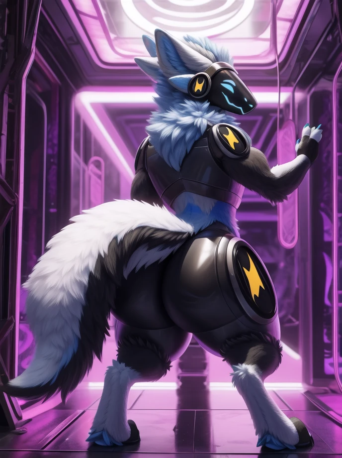 Art Cartoon,art 3D,protogen,male body,big fur,Extremely big ass,fleshy thighs,white fur color,fluffy tail,futuristic room.