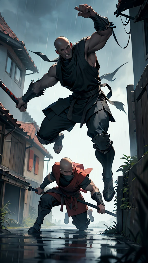 A human monk and ninja warrior is in full action under the torrential rain, wielding a kama in one hand and a scimitar in the other. He is in the middle of an epic battle against a demon warrior on a mud street, with few houses around. The monk, with agile and precise movements, is launching a decisive attack towards the demon, who wears dark armor and has reddish skin. The scene takes place in this somber setting, with mud splattering and rain falling hard, creating a tense and dramatic atmosphere, while the few houses in the background seem to observe the combat from the shadows. The image should be designed in a fantasy drawing style, with vibrant details and a focus on the epicness of the confrontation.