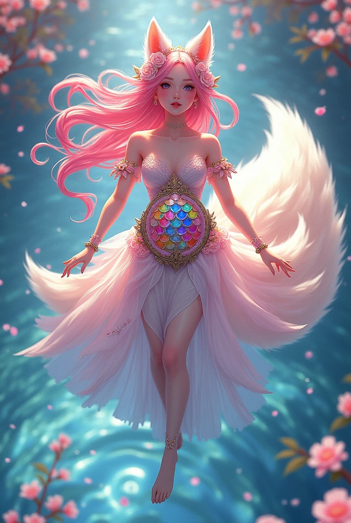 a gorgeous anime woman glide over a surface speckled with blossoms, water ripples forming a surreal mosaic, reflecting shards mimic a glass shimmer, ethereal shield radiates with a myriad of scales that gleam with iridescence, their sheen evoking molecular intricacies, an allure that infuses the aquatic milieu with a holy essence, beams and coronal lights amplify chromatic brilliance, Nine snow-white fox tails (1.0), milky fox tail (1.0), fox close-up of nine tails, nine-tails, nine-tails, woman with pink hair and pink dress with flowers on her hair, very beautiful anime fox deity, beautiful anime fox woman, beautiful fantasy anime, guweiz, anime girl with fox ears, beautiful anime woman, very beautiful and cute fox woman, pink flower rain, background blur, anime style 4 K, anime fantasy artwork, 4k anime wallpaper, Artwork in the Guvez style