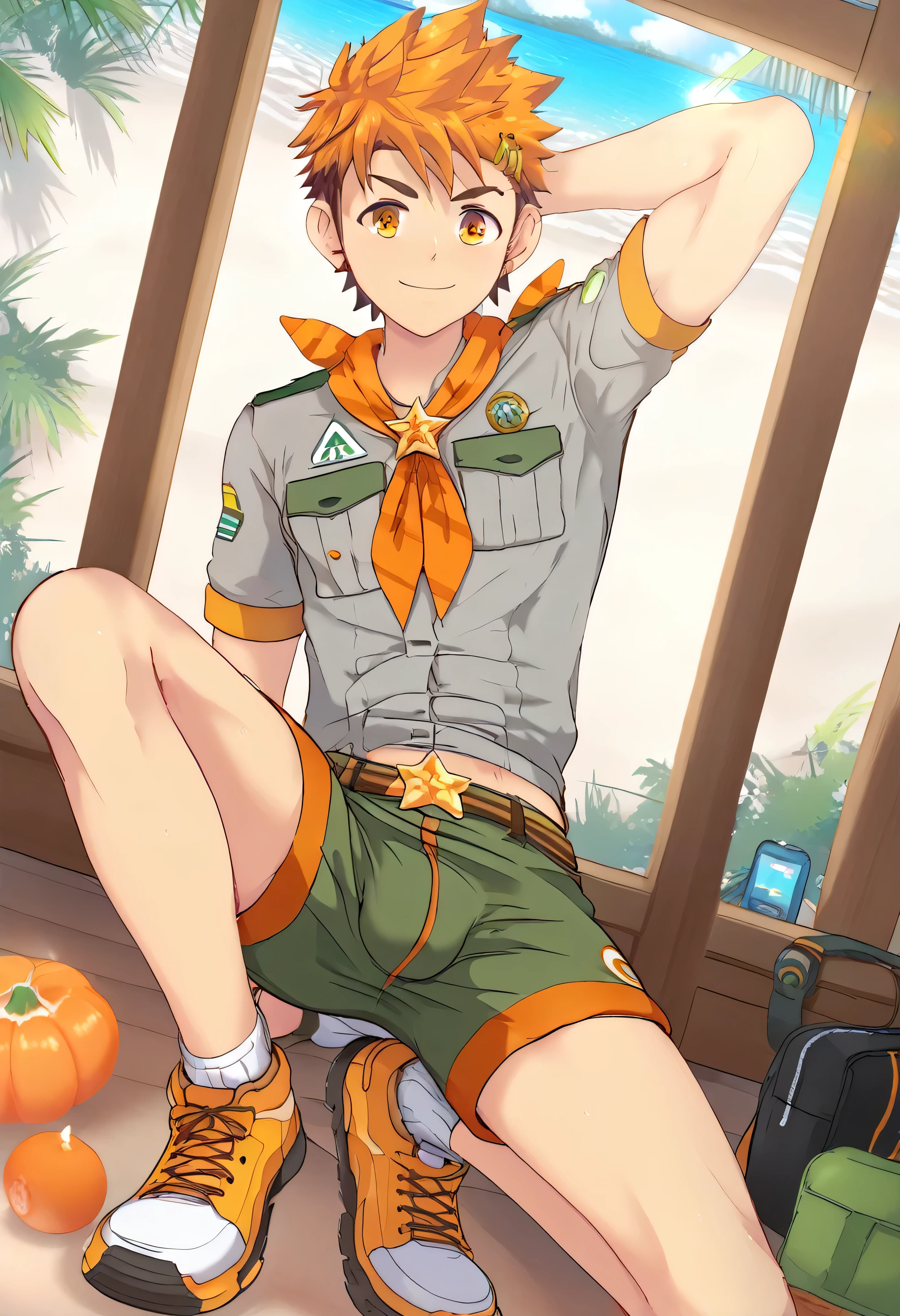 (Masterpiece), (Best Quality), ((Highly Detailed)), Hiro from Camp Buddy, slim, gray shirt, green, shorts, orange neckerchief, full body, male, boy, horny, nsfw, big bulge in the crotch, 4k, 8k, anime style