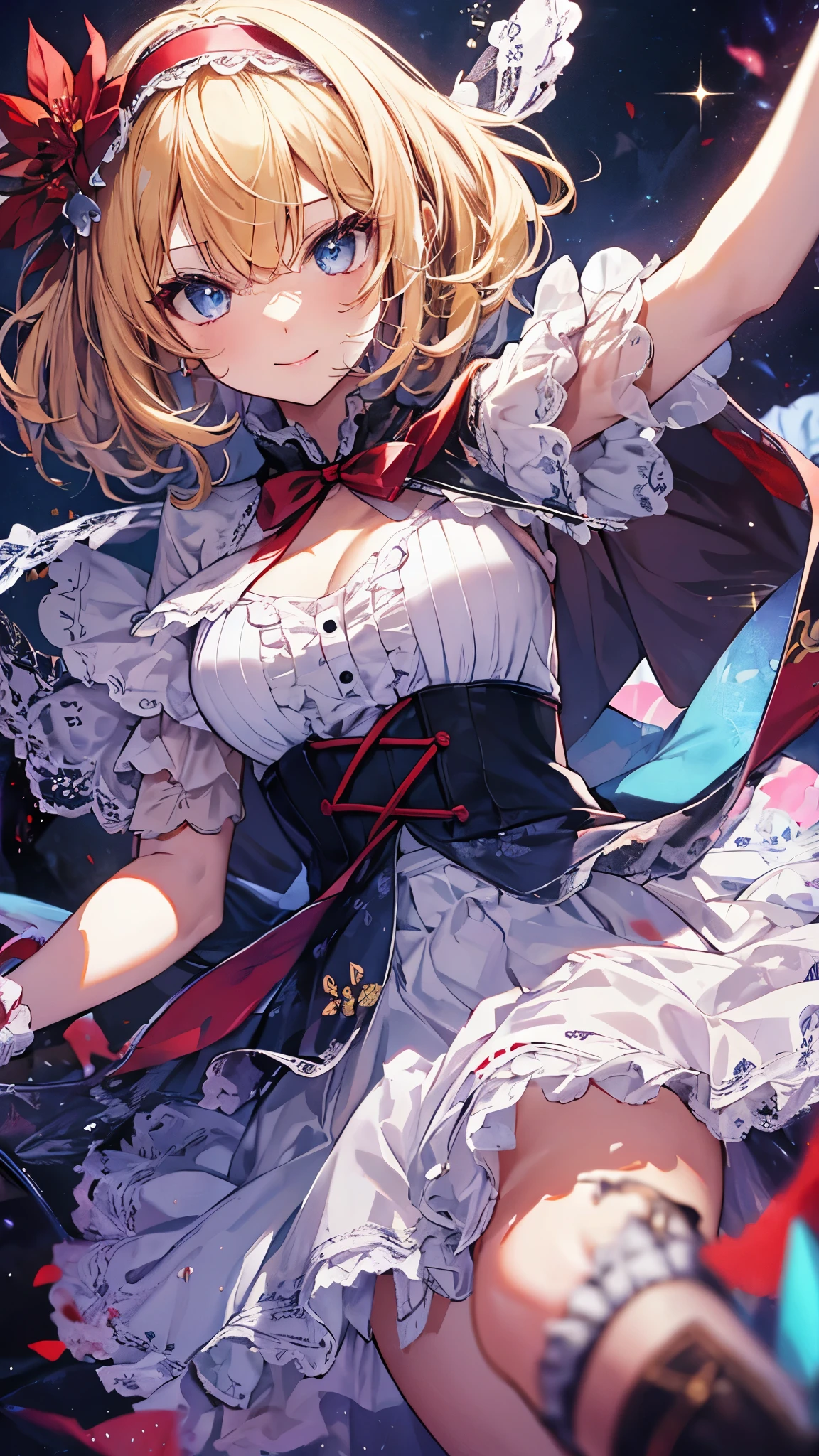 alice_margatroid_touhou,blonde_hair, short_hair, hairband, blue_eyes,capelet,(red lace hairband),midiam breasts,slender,smile,white cape,(blue dress),frills,((skirt grab:1.3)),(dancing:1.3),boots,masterpiece,Noise Reduction,perfect anatomy,high resolution, ultra-detailed, ultra-detailed face,game cg,dutch angle ,beautiful detailed eyes,visualart,five fingers, perfect hands, perfect lighting, sparkling pupils,