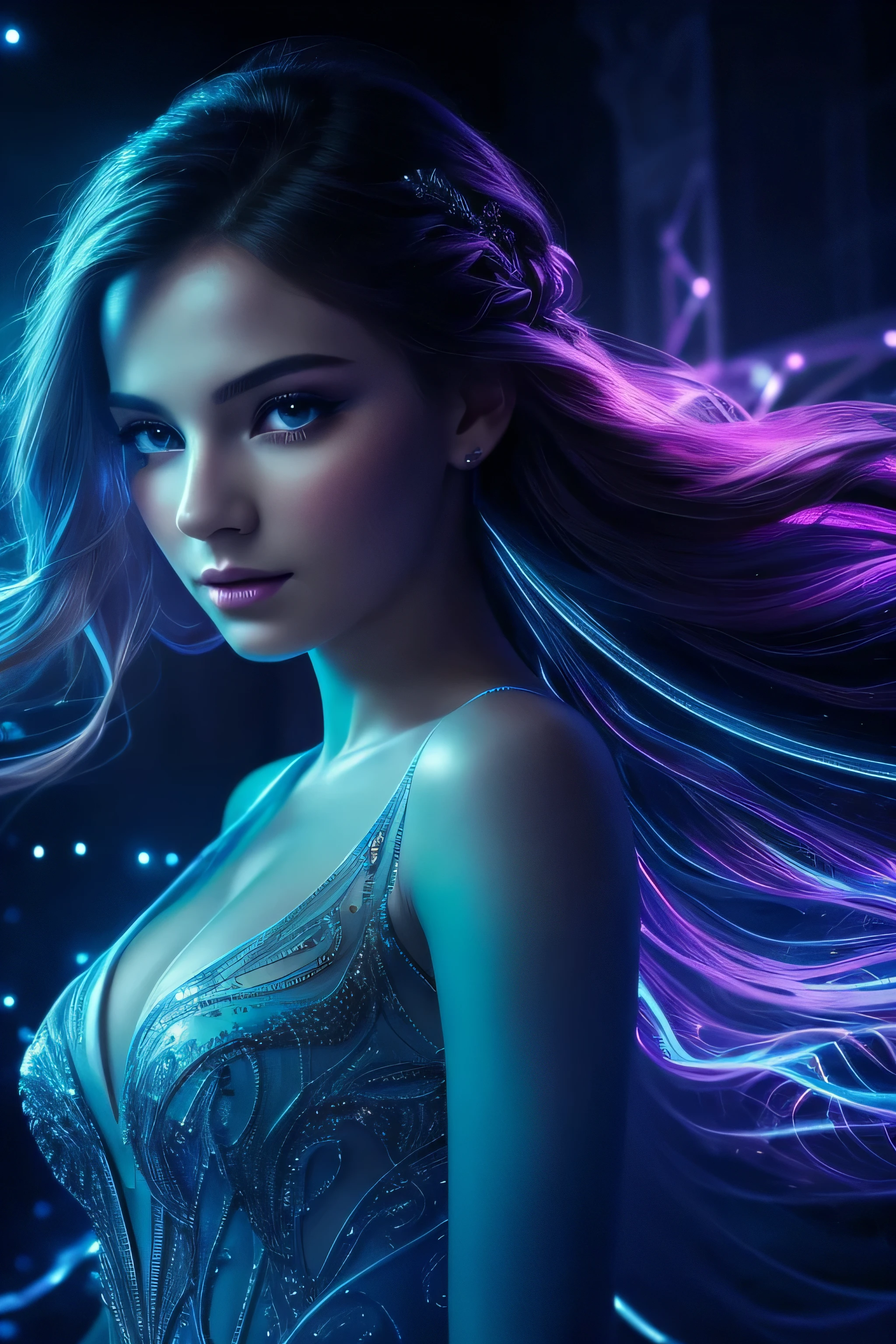 Highly detailed CG Unity 8k wallpaper, top quality, Super detailed, table top, realistic, photo-realistic, Highly detailed cute girl, 25 years old, ,, whole body, ,big breasts,black eye,rubber dress In this breathtakingly stunning 4K masterpiece, a single, ethereal female silhouette stands out against a dark background, her beautifully detailed face illuminated by neon lights and shimmering particles. Her long eyelashes frame her piercing gaze, which seems to cut through the darkness, as if beckoning the viewer into her mystical world. Her translucent skin glows softly, while her flowing, delicate clothes billow around her sinuous figure like a wispy mist. The artist's masterful brushstrokes weave together vibrant CMYK hues, imbuing the portrait with depth and dimension. As the backlit glow radiates an enchanting aura, this fantastical, dreamlike scene is frozen in time, inviting the viewer to step into its surreal realm.