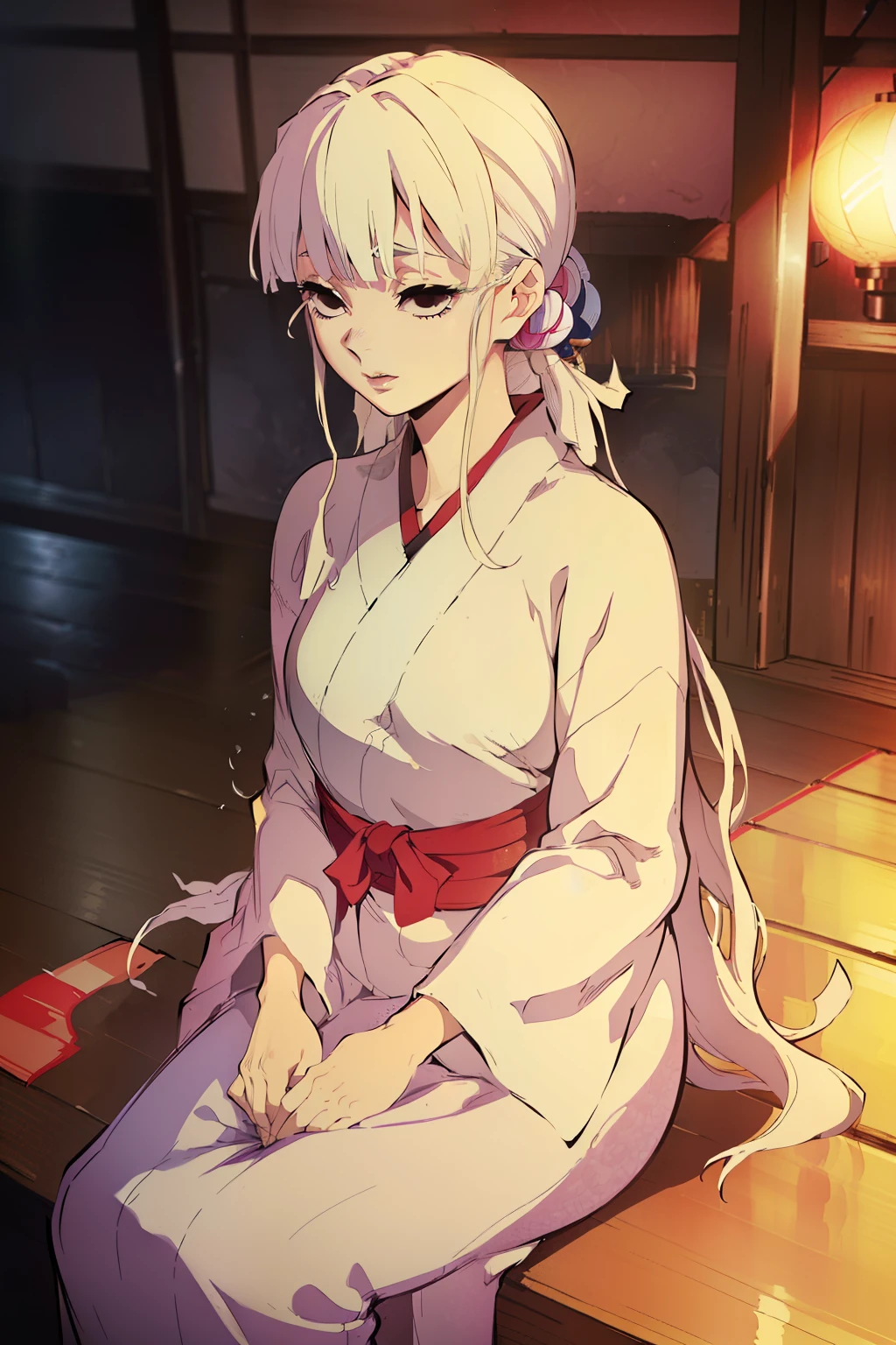 (high quality, breathtaking), (expressive eyes, perfect face) (((yukata, sensual lips)), 1 girl, woman, solo, young adult, white hair, black eyes, stylized hair, short hair, hair short, side bangs, tied up, japanese clothes, elegant, soft makeup, hair clip accessory in hair, demon slayer art style