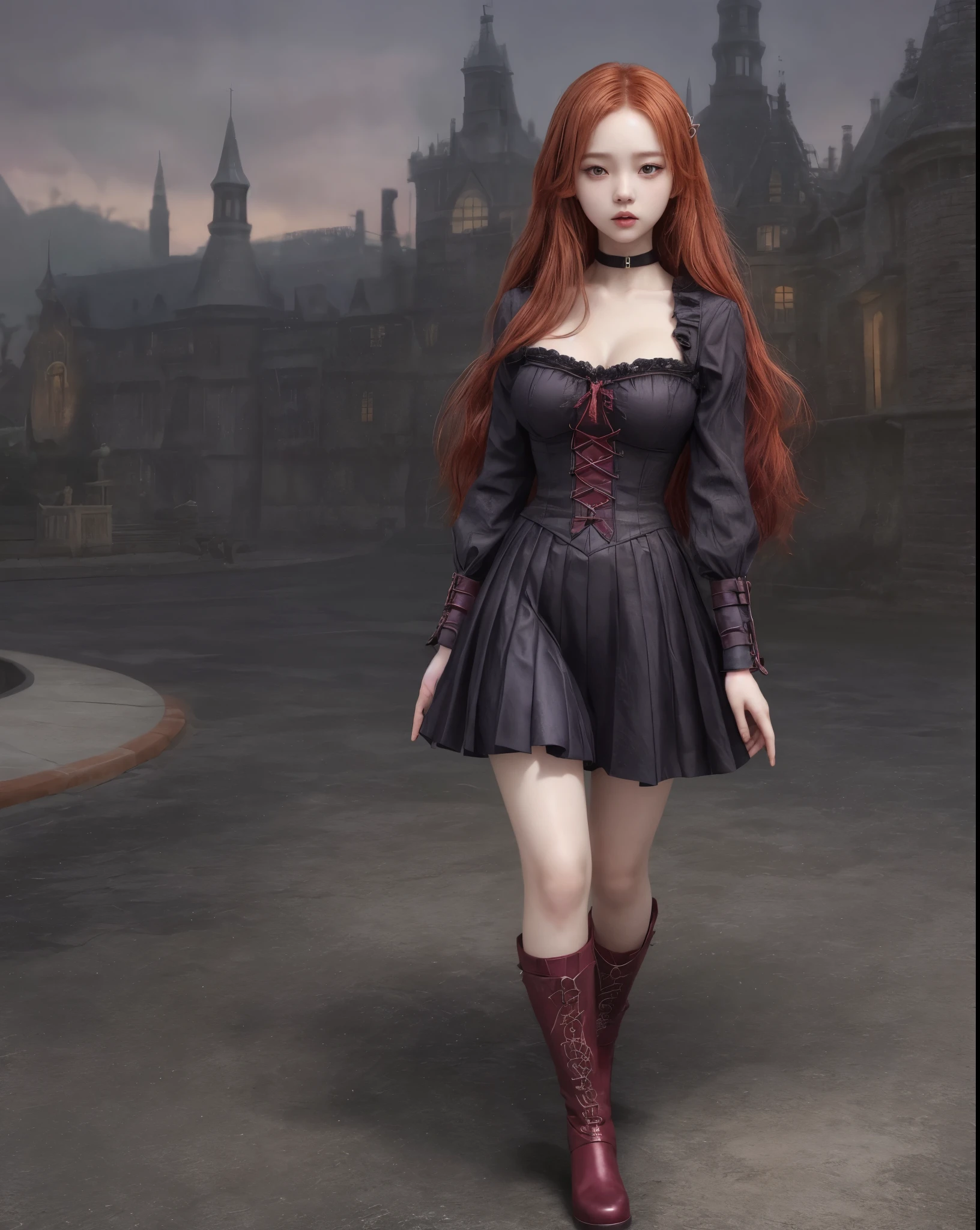 young girl, kim chaewon as a sexy young girl, full body view, fullbody, full body, kim chaewon is a girl, 1girl, fantasy gothic city background, kim chaewon, girl, small breast, figure, long red hair, red eyes, face front, tight purple fantasy pirate top, tight fantasy pirate clothes, emotional face, make up, masterpiece, best quality,