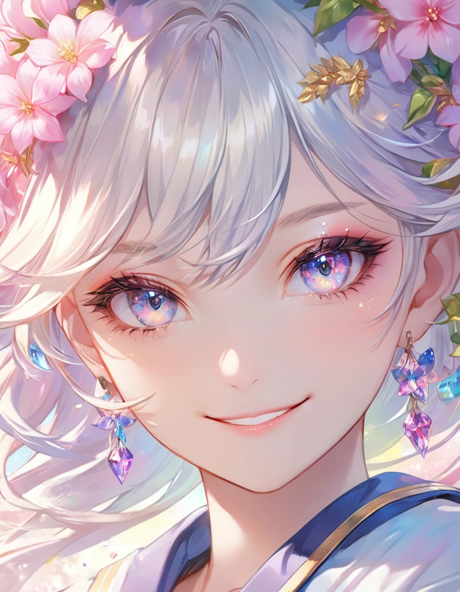 a close up of a person holding a bunch of flowers,(smile),artgerm, detailed anime soft face, stunning anime face portrait, pinterest anime, beautiful anime portrait, 🌸 🌼 💮, very beautiful fantasy art, beautiful anime art, beautiful fantasy painting, beautiful fantasy art portrait, realistic cute girl painting, the sailor galaxia. beautiful, luminous flowers, close up of a young anime girl
