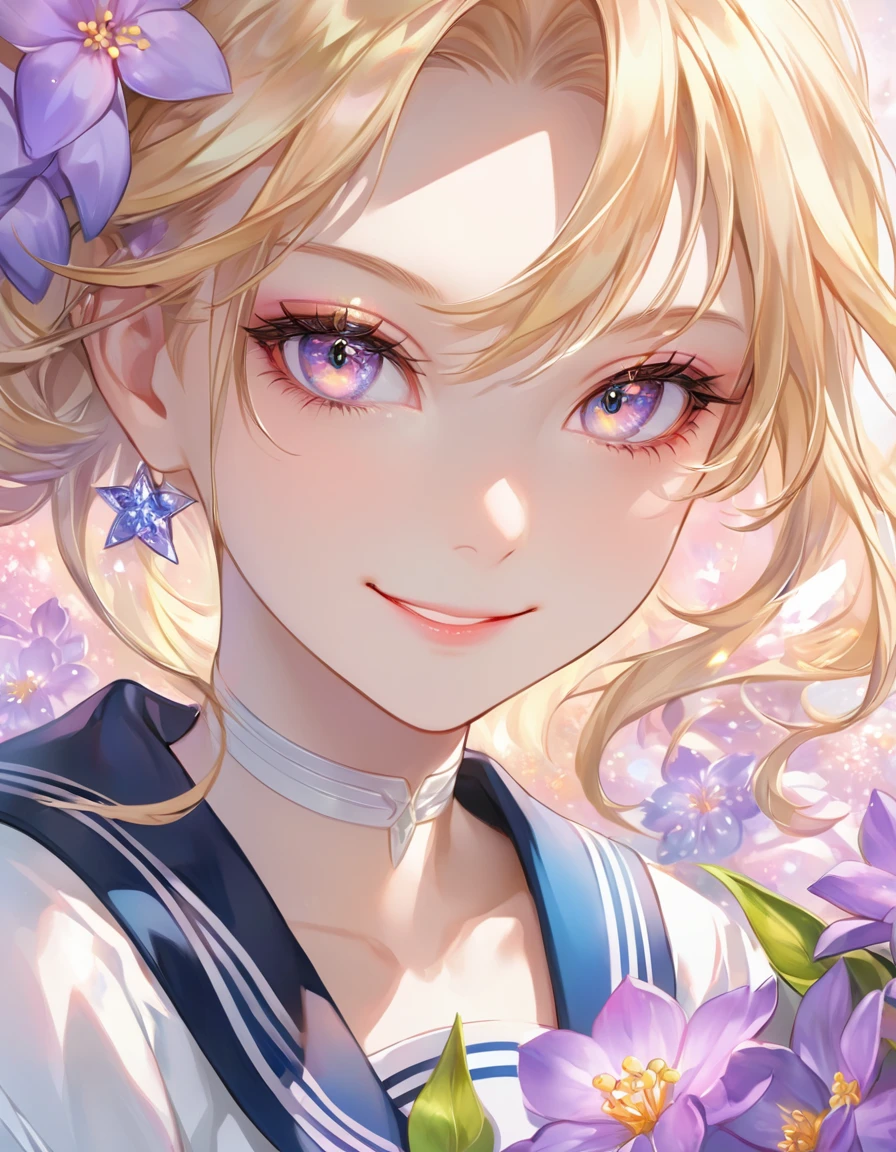 a close up of a person holding a bunch of flowers,(smile),artgerm, detailed anime soft face, stunning anime face portrait, pinterest anime, beautiful anime portrait, 🌸 🌼 💮, very beautiful fantasy art, beautiful anime art, beautiful fantasy painting, beautiful fantasy art portrait, realistic cute girl painting, the sailor galaxia. beautiful, luminous flowers, close up of a young anime girl
