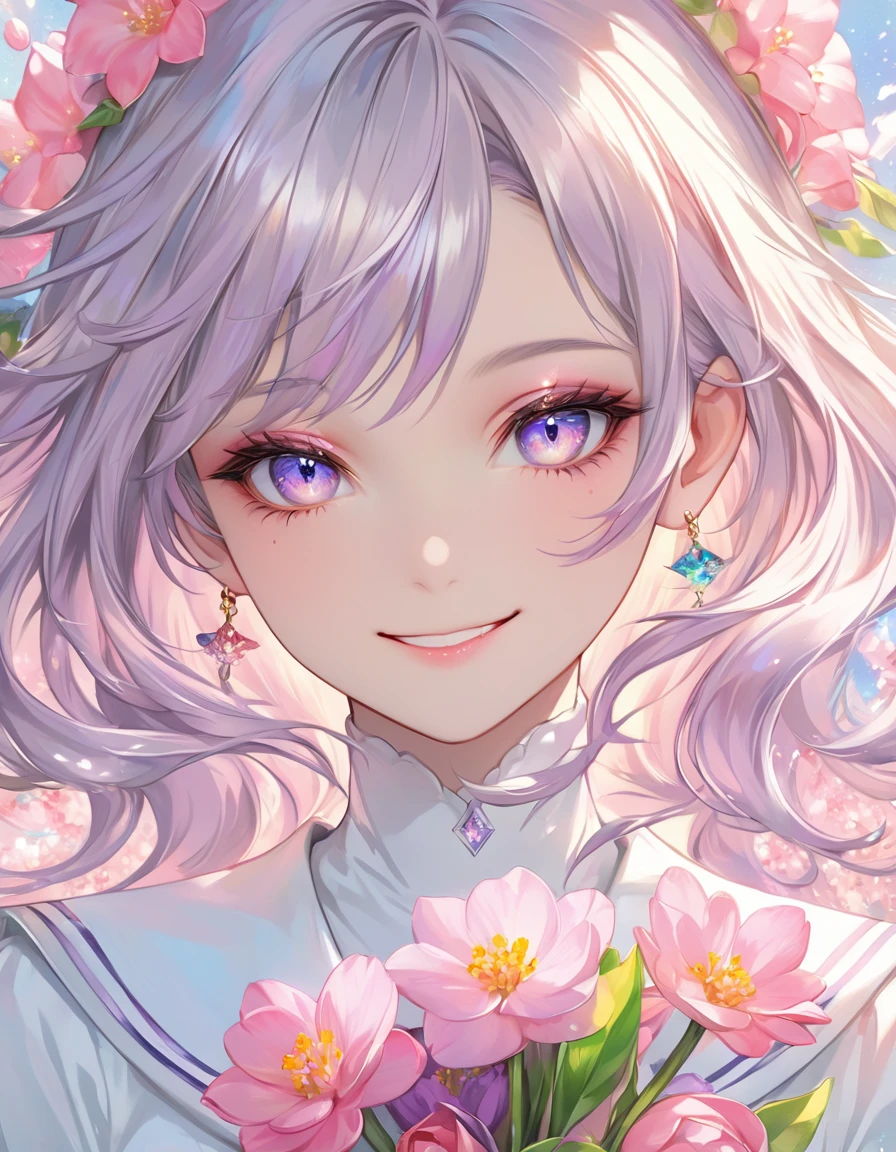 a close up of a person holding a bunch of flowers,(smile),artgerm, detailed anime soft face, stunning anime face portrait, pinterest anime, beautiful anime portrait, 🌸 🌼 💮, very beautiful fantasy art, beautiful anime art, beautiful fantasy painting, beautiful fantasy art portrait, realistic cute girl painting, the sailor galaxia. beautiful, luminous flowers, close up of a young anime girl