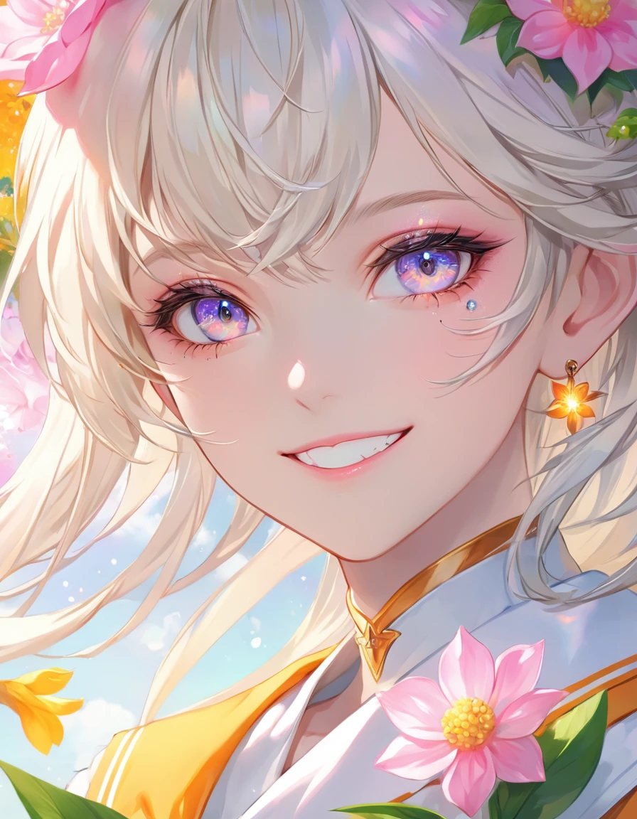 a close up of a person holding a bunch of flowers,(smile),artgerm, detailed anime soft face, stunning anime face portrait, pinterest anime, beautiful anime portrait, 🌸 🌼 💮, very beautiful fantasy art, beautiful anime art, beautiful fantasy painting, beautiful fantasy art portrait, realistic cute girl painting, the sailor galaxia. beautiful, luminous flowers, close up of a young anime girl