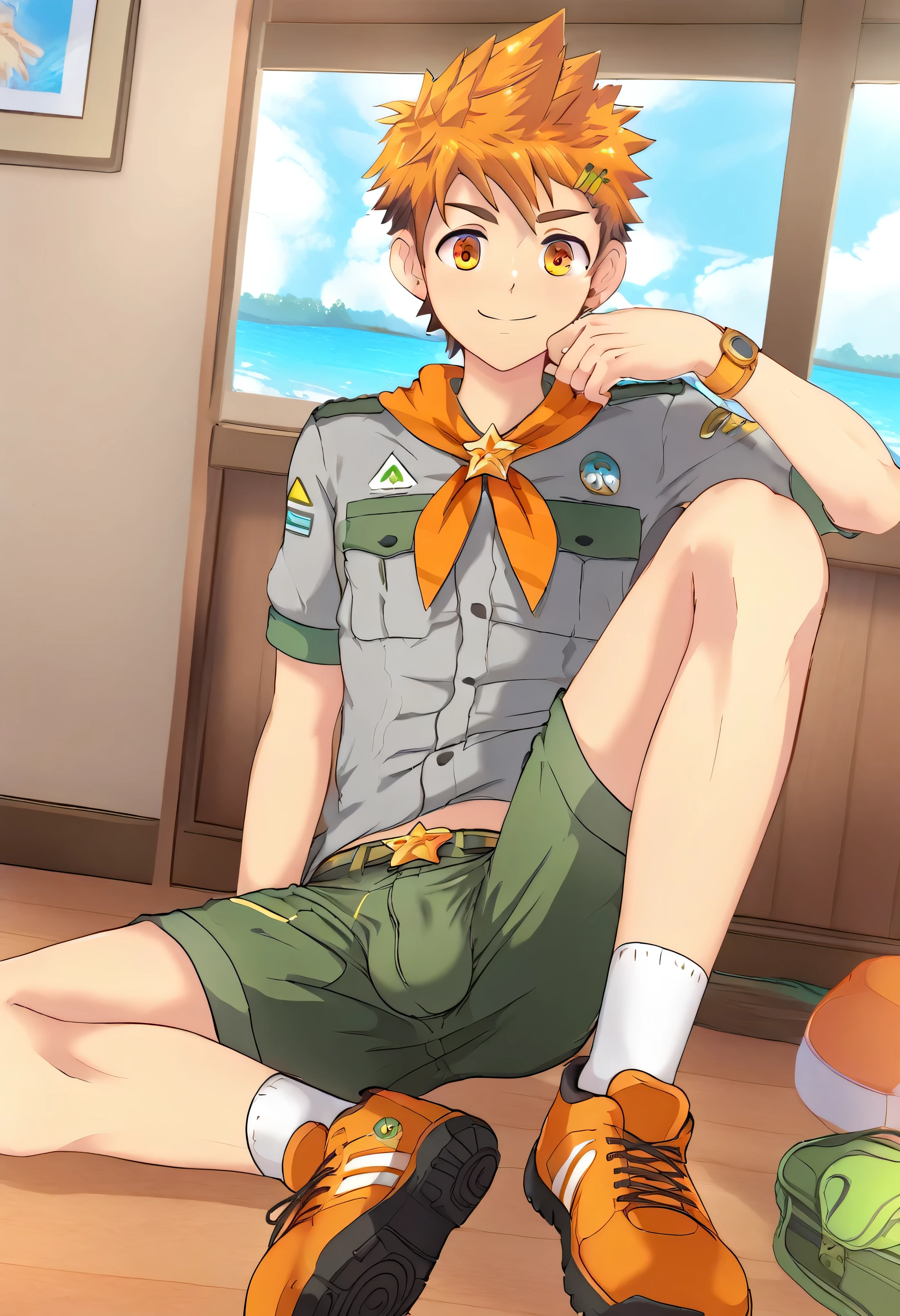 (Masterpiece), (Best Quality), ((Highly Detailed)), Hiro from Camp Buddy, slim, gray shirt, green, shorts, orange neckerchief, full body, male, boy, horny, nsfw, big bulge in the crotch, 4k, 8k, anime style