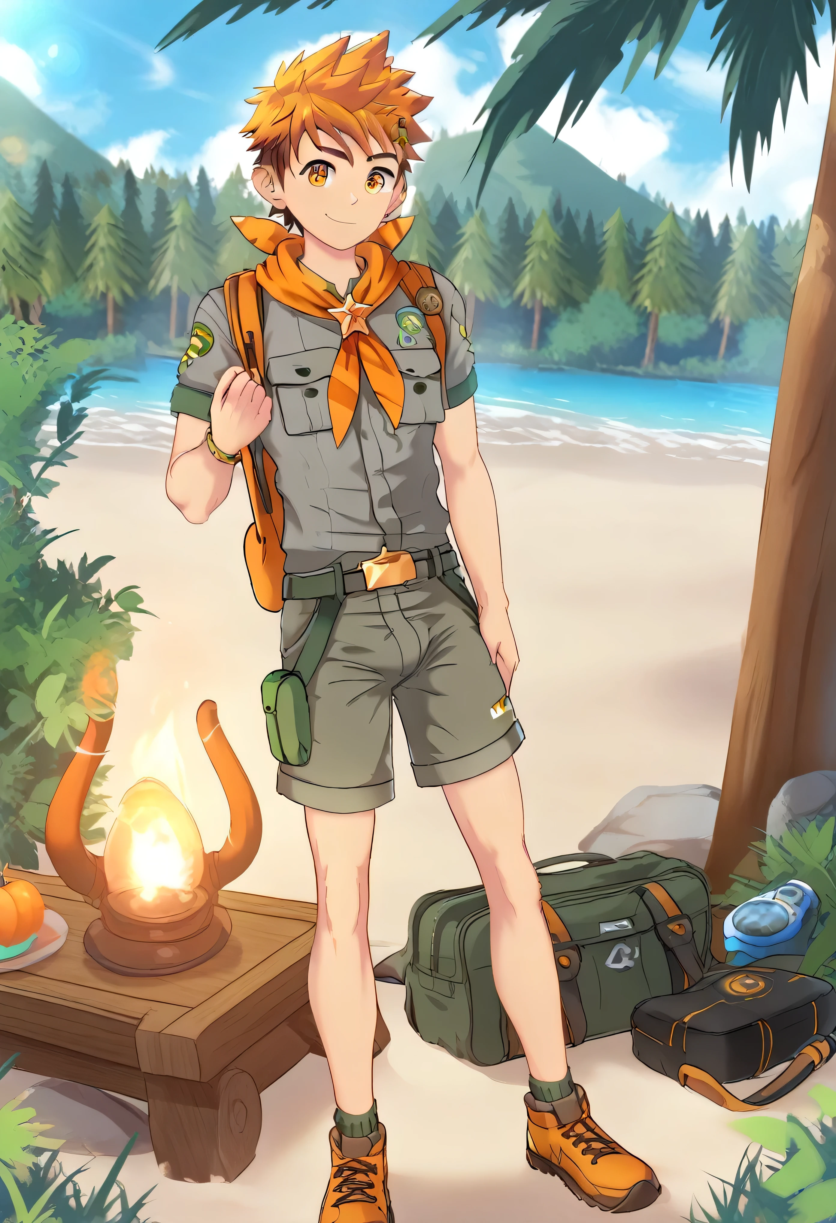 (Masterpiece), (Best Quality), ((Highly Detailed)), Hiro from Camp Buddy, slim, gray shirt, green, shorts, orange neckerchief, full body, male, boy, horny, nsfw, big bulge in the crotch, 4k, 8k, anime style