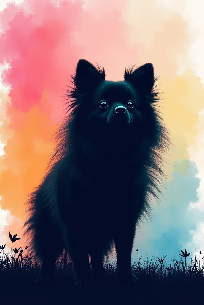 Lulu the Pomeranian silhouette on a colorful solid background, high resolution watercolor