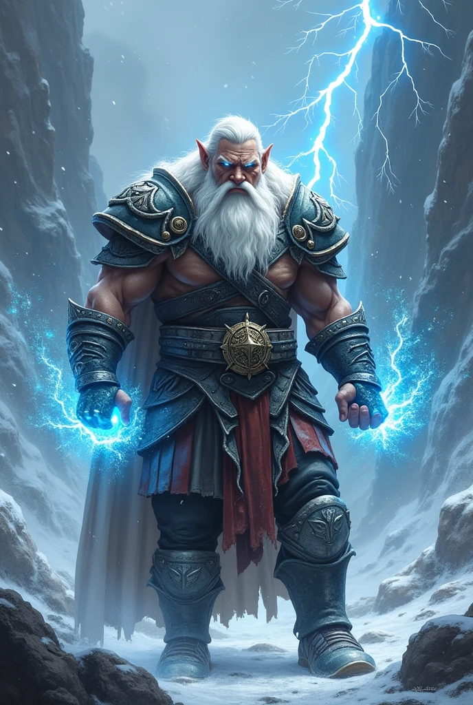 Dwarf combat student with power of ice and lightning risk , strong and white haired