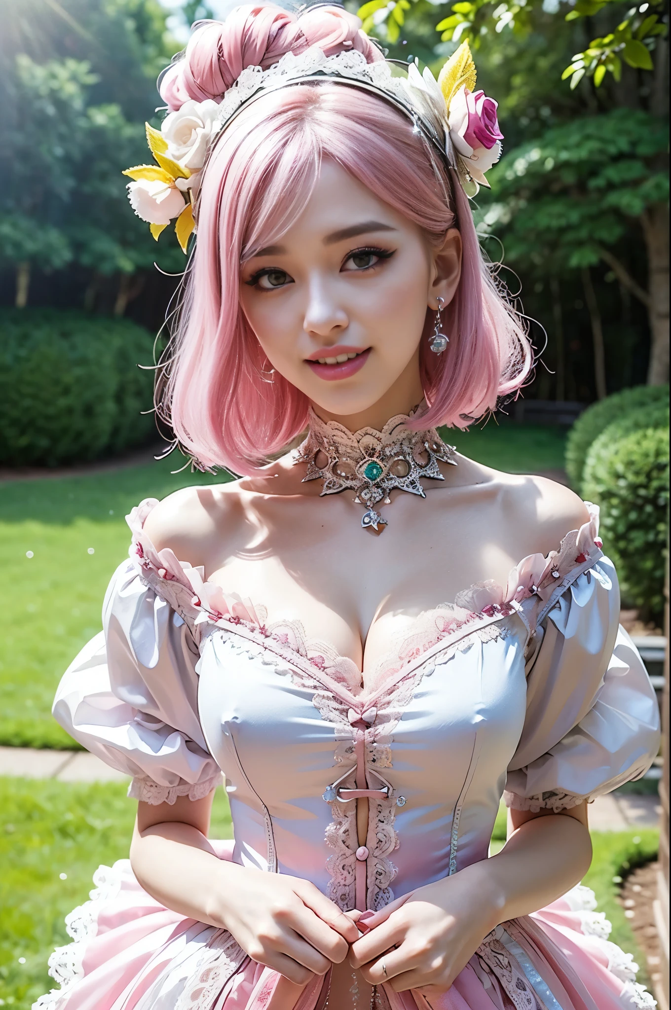 (nsfw), sexy stylish Swedish model, only 1 female, ((doll-like appearance)), short neon pink stylish hair, ((shiny Victorian-Style boots)), (big smile), ultra detailed eyes, vivid eye makeup, lip-gloss, long lashes, defined eyebrows, ((sexy Paradise Kiss cosplay)), bell-shaped skirt, petticoats, high neckline, puffed sleeves, ((ultra detailed lace)), ((ultra detailed embroidery)), intricate details, Paradise Kiss accessoires and matching headpiece, choker, ((large sparkling Paradise Kiss jewelry)), cinematic light, detailed large park background with trees