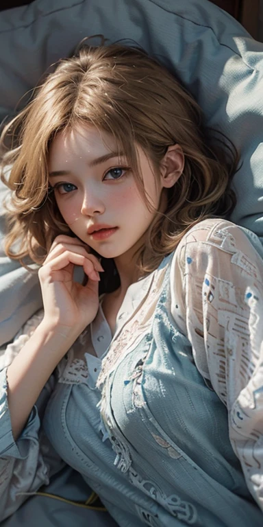 (masterpiece: 1.2, Portraiture, Highest quality), Realistic, (Live Action, Intricate details, Written boundary depth), Highest quality, masterpiece, Attention to detail, semi-Realistic, Sleeping in bed, shy, 21 years old, Short Blonde, blue eyes, pajamas, Slim figure、Canopy bed、