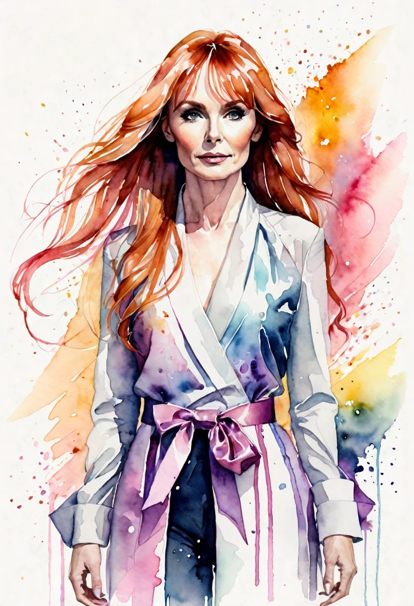 (8k, best quality, masterpiece:1.2),(best quality:1.0), (ultra highres:1.0), watercolor, a beautiful woman (Beverly Crusher), shoulder, hair ribbons, by agnes cecile, full body portrait, extremely luminous bright design, pastel colors, (ink:1.3), autumn lights,
