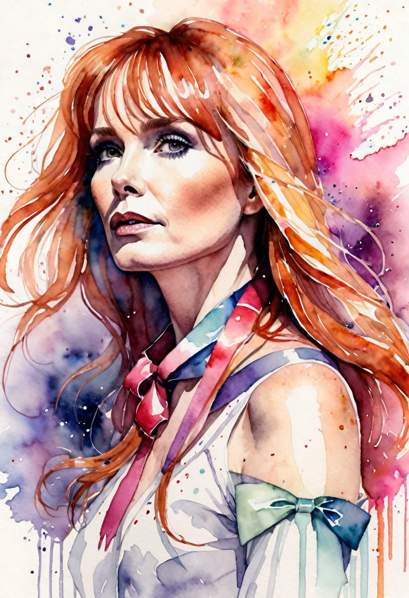 (8k, best quality, masterpiece:1.2),(best quality:1.0), (ultra highres:1.0), watercolor, a beautiful woman (Beverly Crusher), shoulder, hair ribbons, by agnes cecile, full body portrait, extremely luminous bright design, pastel colors, (ink:1.3), autumn lights,