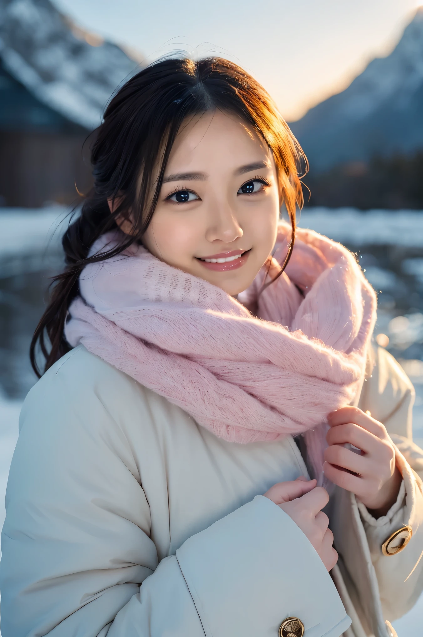 (Highest quality、masterpiece、8k、Best image quality、Hyperrealism、Award-winning works)、1 person、(Elegant, thick, cream-colored winter coat:1.2)、(The perfect pink scarf:1.1)、Soft and delicate light、Dramatic indirect lighting、The biggest smile looks at me、(A strongly blurred snowy mountain background:1.1)、Sparkling fine snow、Beautiful snow reflecting light、Diamond dust、(Tyndall effect:1.2)、(The most romantic and moody warm lighting:1.2)、it's snowing、Accurate anatomy、(Face close-up:1.9)、Beautiful glossy lipstick, Natural Color、Natural Makeup、Glossy Lips、Ultra HD glossy skin、ultra high definition radiation, Beautiful Skin、Milky white moisturized skin、Beautiful Skin glow、超高精細のGlossy Lips、Ultra-high definition sparkling eyes、Beautiful perfect teeth in super high resolution、Please smile widely and show your beautiful teeth.