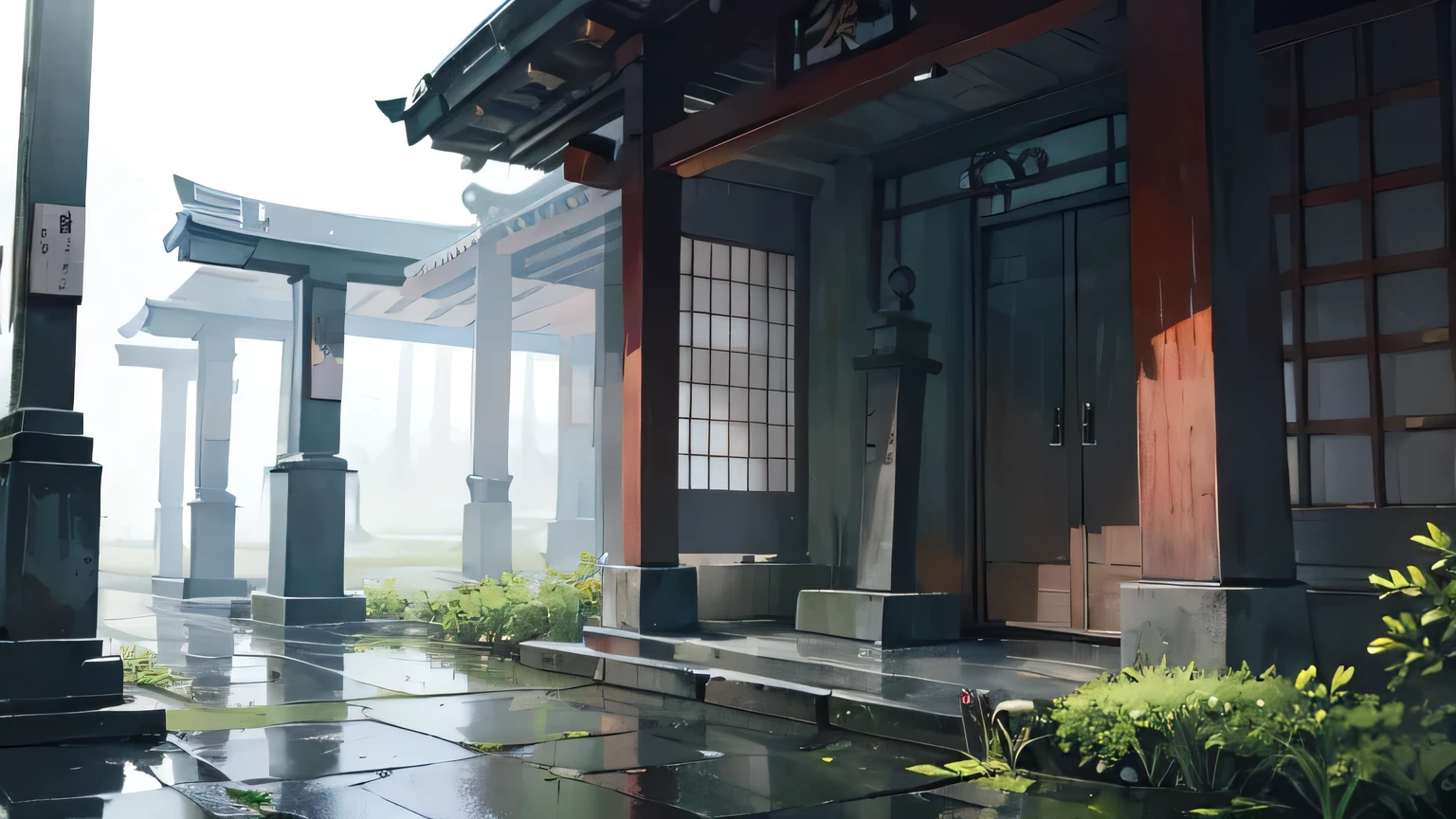 A Japanese cemetery on a rainy day. The rain is intense, creating puddles on the ground and a light mist. Tombs with worn headstones are everywhere.