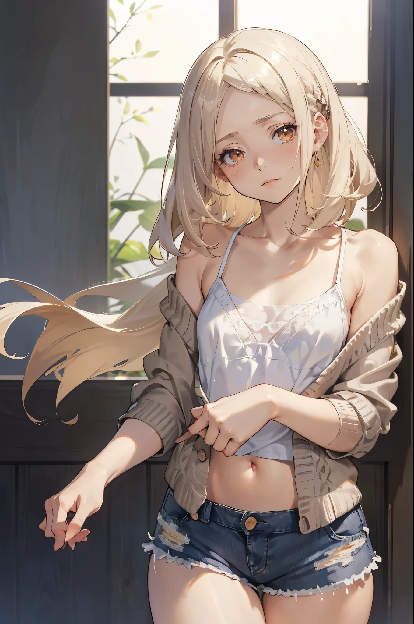 Photorealistic:1.5, Beautiful woman, hairstyle that bounces outward, (medium hair:1.5), (platinum blond hair:1.5), (platinum blond colored eyelash:1.5), (parted bangs:1.5), (amber color eyes:1.5), (sleepy face:1.5), blush:1.2, (tilt one's head:1.5), (hairpin:1.1), (masterpiece:1.3), (best quality:1.3), high-resolution, Head-on angle, Body facing forward, solo, beautiful detailed eyes, mid day, (((best quality, textile shading, ultra detailed))), extremely detailed CG unity 8k wallpaper, Highly Detailed beautiful and aesthetic, high resolution, detailed, dramatic lighting, 1Character, soft, gentle colors, (flat chest:1.5), (white camisole:1.5), (blue low-rise shorts:1.5), (Navel peeking out a little:1.2), (super long hem summer cardigan:1.5), (skinny:1.5), blur background, downtown:1.5, standing:1.2,