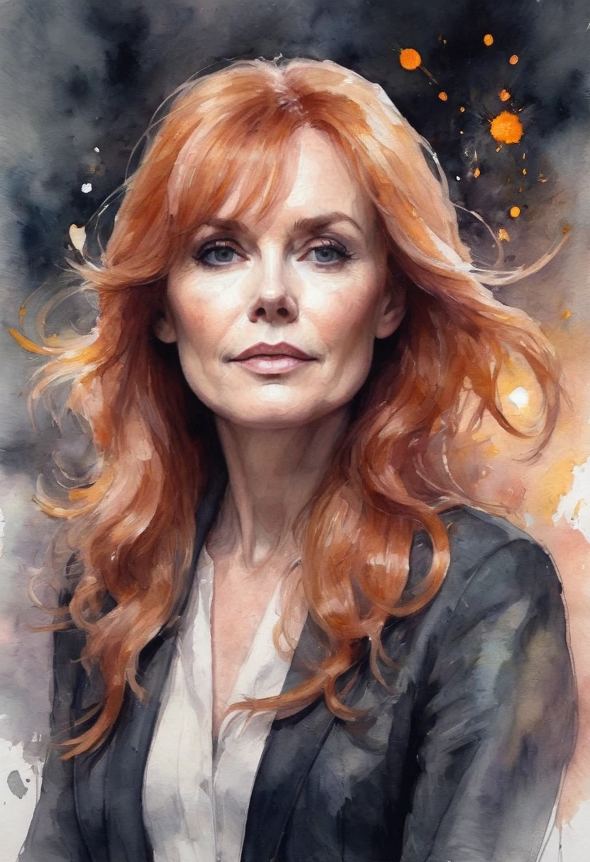 (8k, best quality, masterpiece:1.2),(best quality:1.0), (ultra highres:1.0), watercolor, a beautiful woman (Beverly Crusher), shoulder, hair ribbons, by agnes cecile, full body portrait, extremely luminous bright design, pastel colors, (ink:1.3), autumn lights,