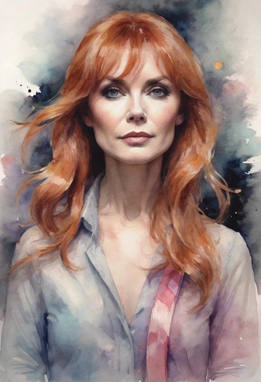(8k, best quality, masterpiece:1.2),(best quality:1.0), (ultra highres:1.0), watercolor, a beautiful woman (Beverly Crusher), shoulder, hair ribbons, by agnes cecile, full body portrait, extremely luminous bright design, pastel colors, (ink:1.3), autumn lights,