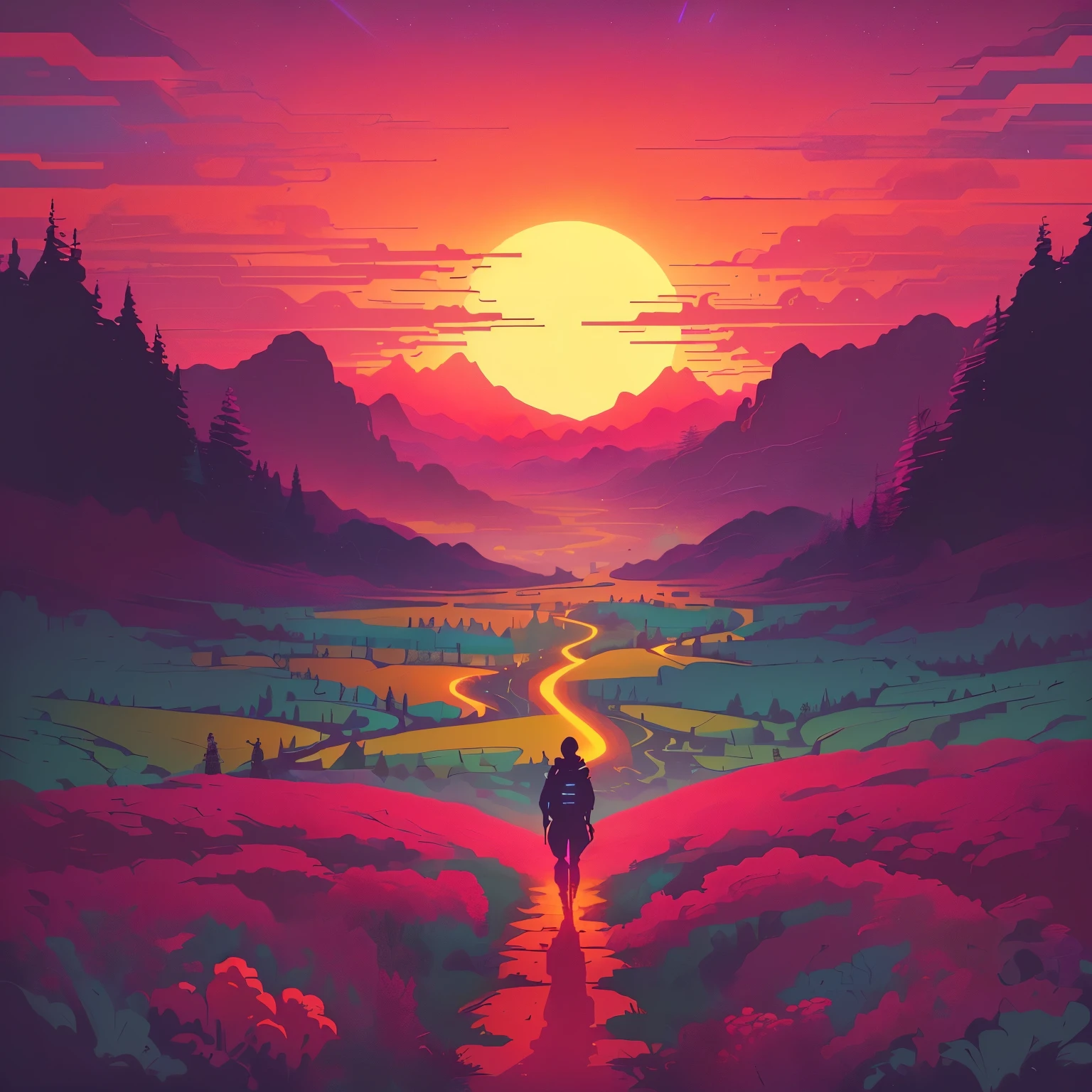 a warrior walking down a path towards a sunset over a valley, beautiful aesthetic art, inspirado em Cirilo Rolando, beautiful aesthetic, psychedelic aesthetic, kilian eng vibrant colors, kilian eng vibrant colors, surreal flat colors, beeple e james jean, stunning art style, Psychedelic landscape, surreal colors, Beetle colors, Top Art on the rise, colorful aesthetic