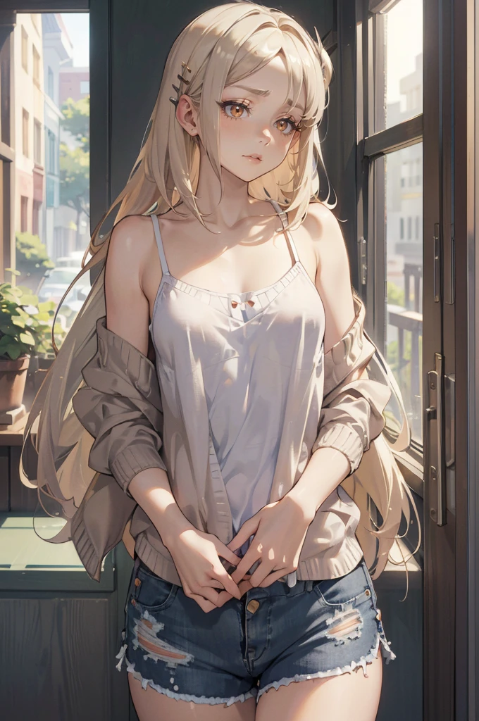 Photorealistic:1.5, Beautiful woman, hairstyle that bounces outward, (medium hair:1.5), (platinum blond hair:1.5), (platinum blond colored eyelash:1.5), (parted bangs:1.5), (amber color eyes:1.5), (sleepy face:1.5), blush:1.2, (tilt one's head:1.5), (hairpin:1.3), (masterpiece:1.3), (best quality:1.3), high-resolution, Head-on angle, Body facing forward, solo, beautiful detailed eyes, mid day, (((best quality, textile shading, ultra detailed))), extremely detailed CG unity 8k wallpaper, Highly Detailed beautiful and aesthetic, high resolution, detailed, dramatic lighting, 1Character, soft, gentle colors, (small breast:1.5), (black camisole:1.5), (super long hem summer cardigan:1.5), (skinny:1.5), blur background, downtown:1.5, squatting:1.2, armpit:1.5,