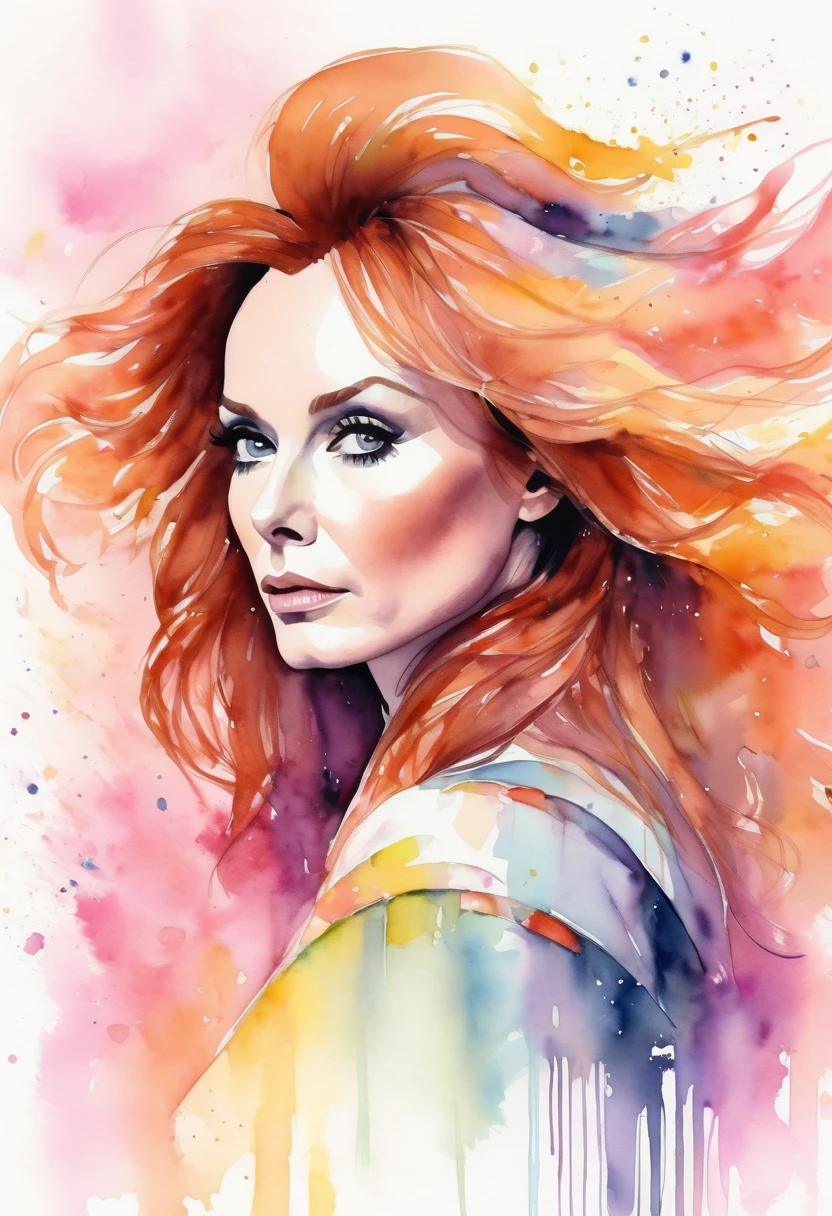 (8k, best quality, masterpiece:1.2),(best quality:1.0), (ultra highres:1.0), watercolor, a beautiful woman (Beverly Crusher), shoulder, hair ribbons, by agnes cecile, full body portrait, extremely luminous bright design, pastel colors, (ink:1.3), autumn lights,
