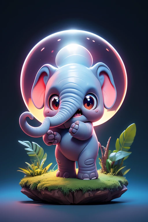 Create a picture of a monster, a baby elephant on an island, the body is transparent and can be seen through. The picture is sharp and detailed., with beautiful colors.. With arms, leg, eyes, mouth, พื้นหลังสีlegว