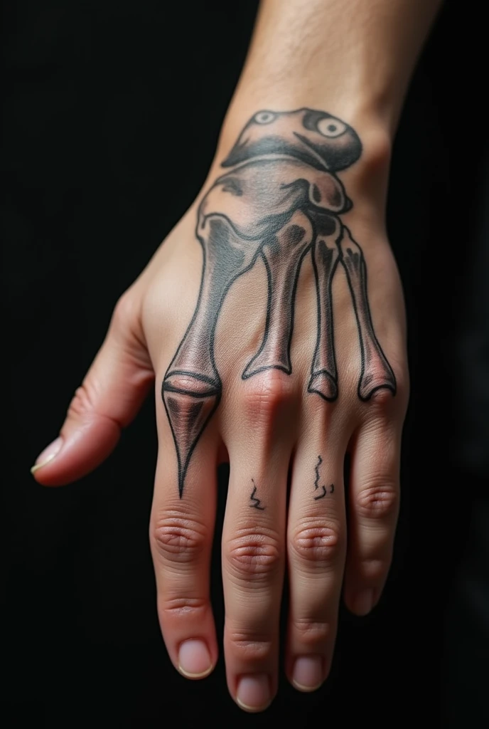 Close-up shot of a human hand in precise 16k resolution, showcasing intricate details. The subject's palm and fingers are rendered in photorealistic quality, with each crease and contour meticulously defined. A striking tattoo wraps around the hand, mirroring the natural bone structure beneath. The design features delicate lines and shading that seem to shift and ripple like the surrounding skin, creating a mesmerizing visual effect.