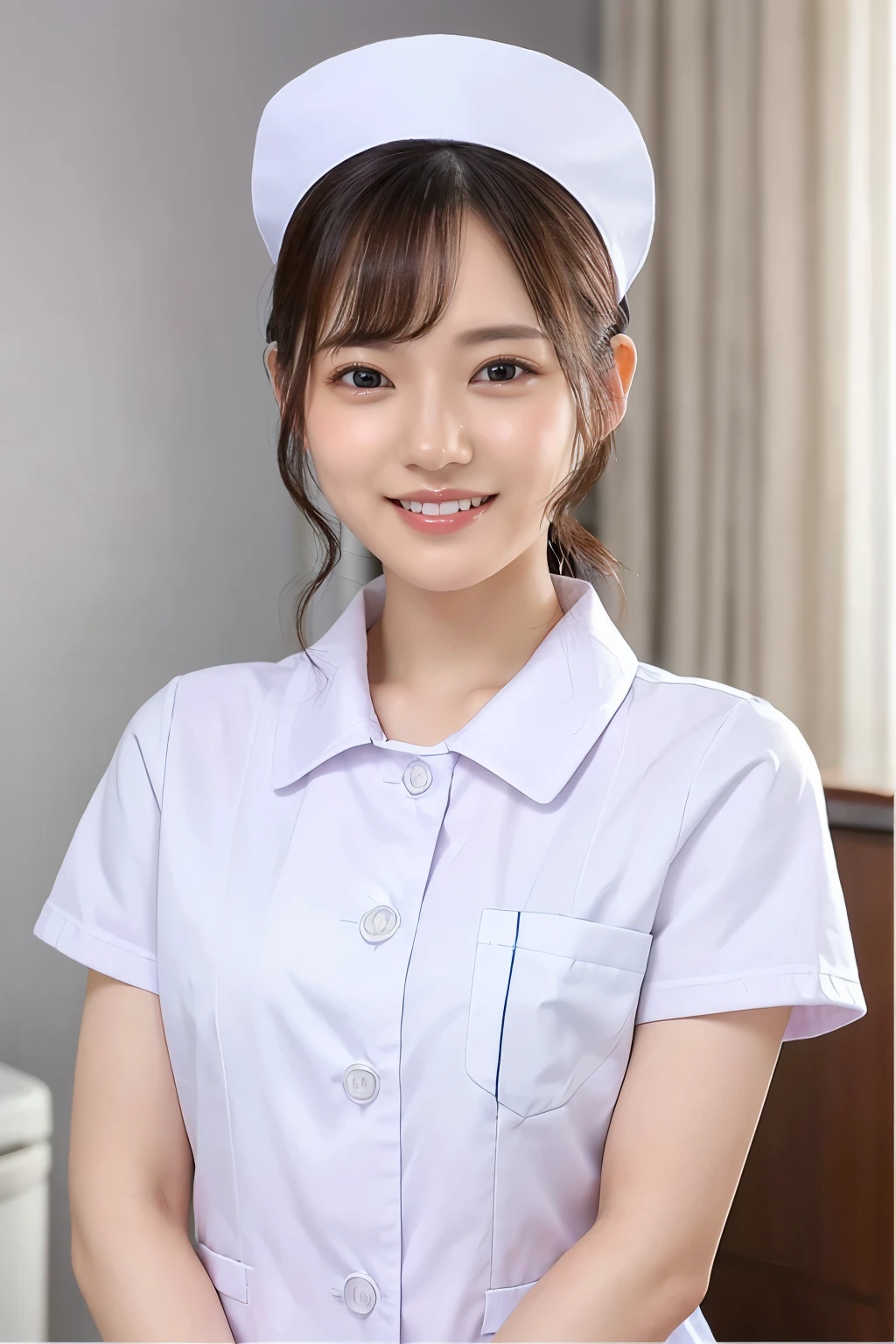 (Highest quality、Tabletop、、Best image quality、Award-winning works)、(1 nurse:1.3)、(Perfect pure white nurse uniform:1.3)、Perfect portrait photograph、Glowing Skin、Standing Elegantly、Face close-up、(The background of the hospital room is strongly blurred:1.1)、Glowing White Skin、Very white skin、smile