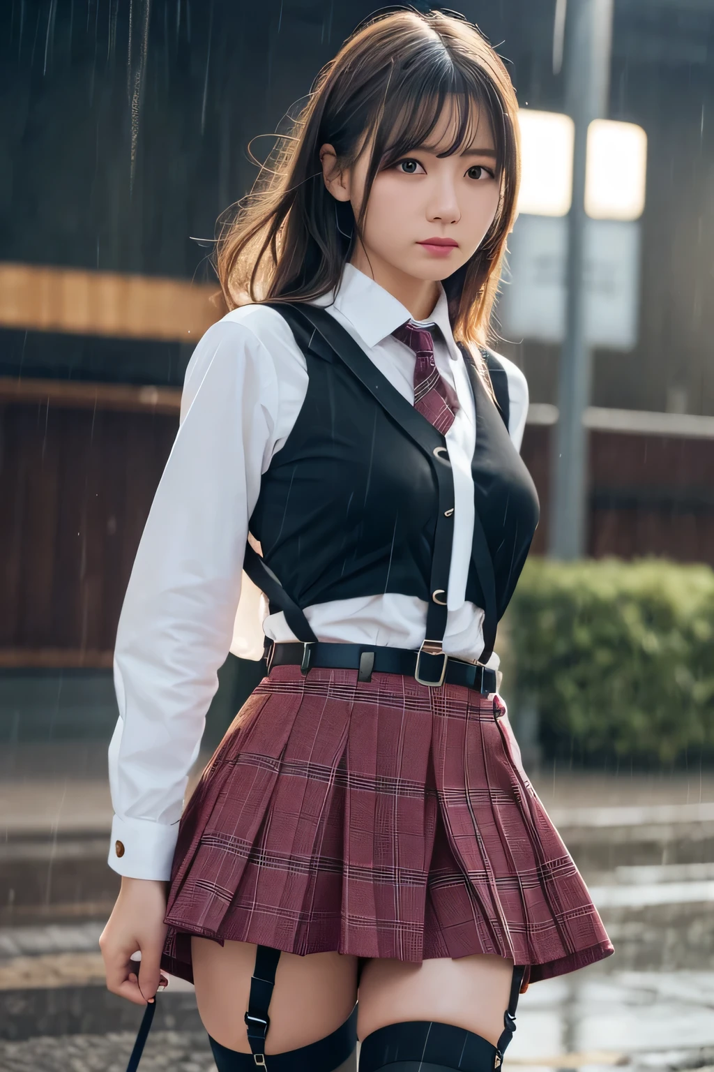 1 female, , high quality, masterpiece, Ultra-high resolution, Cinema Lighting, 1 female, , high quality, masterpiece, Ultra-high resolution, , Cinema Lighting, suspenders Moderate breasts Small face Looking up Sweat Thin belt buzzer 脇Sweat garter belt Belt on pants holster Hands behind your back Looking up Anxious face Knee-high Knee socks Knee-highソックス garter ふとももにgarter belt Checkered mini skirt Panty shot Skirt gap Armament holster holster Hands behind your back Anxious expression Anxious face, legs apart Armament Leg Holster holster See-through clothing heavy rain Rain-soaked dress shirt,Moderate breasts ガーターbelt suspenders Garter on the thigh Checkered mini skirt Looking up Pause belt Armpit sweat Hands behind back Raise your hands