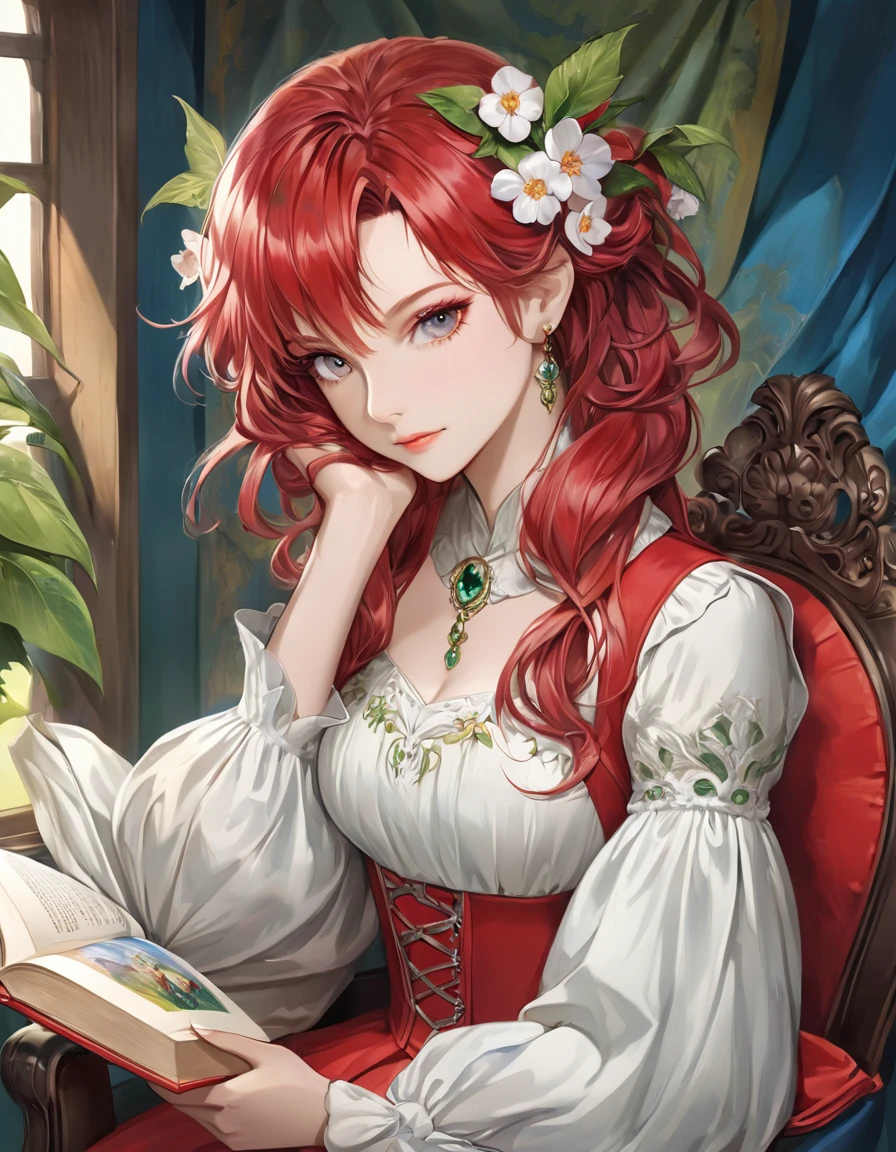 a woman sitting in a chair reading a book, (peaceful face),beautiful aerith gainsborough, beautiful character painting, antasy character, anime fantasy illustration, anime fantasy artwork, fairy tale illustrations, anime painting, storybook art, beautiful anime portrait, elegant drawing, anime painter studio, beautiful fantasy painting, realistic anime style at pixiv, portrait of snow white, very beautiful fantasy art