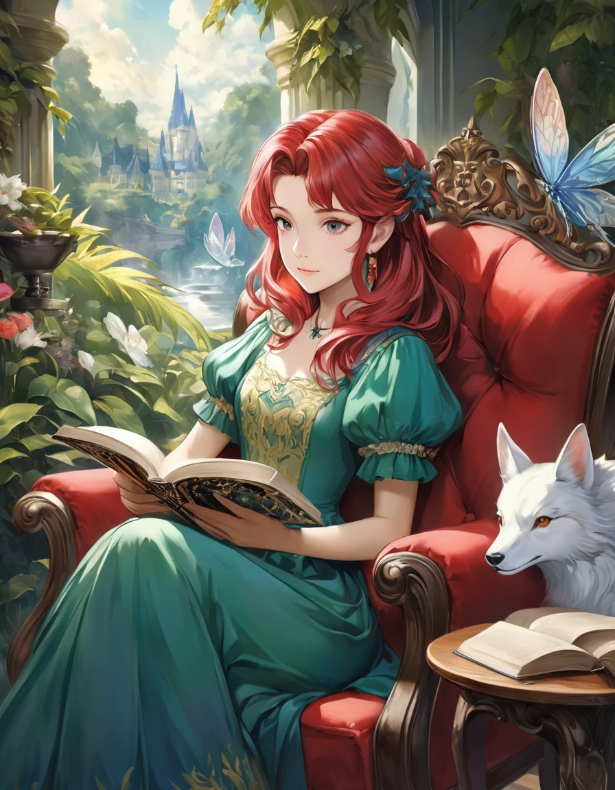 a woman sitting in a chair reading a book, beautiful aerith gainsborough, beautiful character painting, antasy character, anime fantasy illustration, anime fantasy artwork, fairy tale illustrations, anime painting, storybook art, beautiful anime portrait, elegant drawing, anime painter studio, beautiful fantasy painting, realistic anime style at pixiv, portrait of snow white, very beautiful fantasy art
