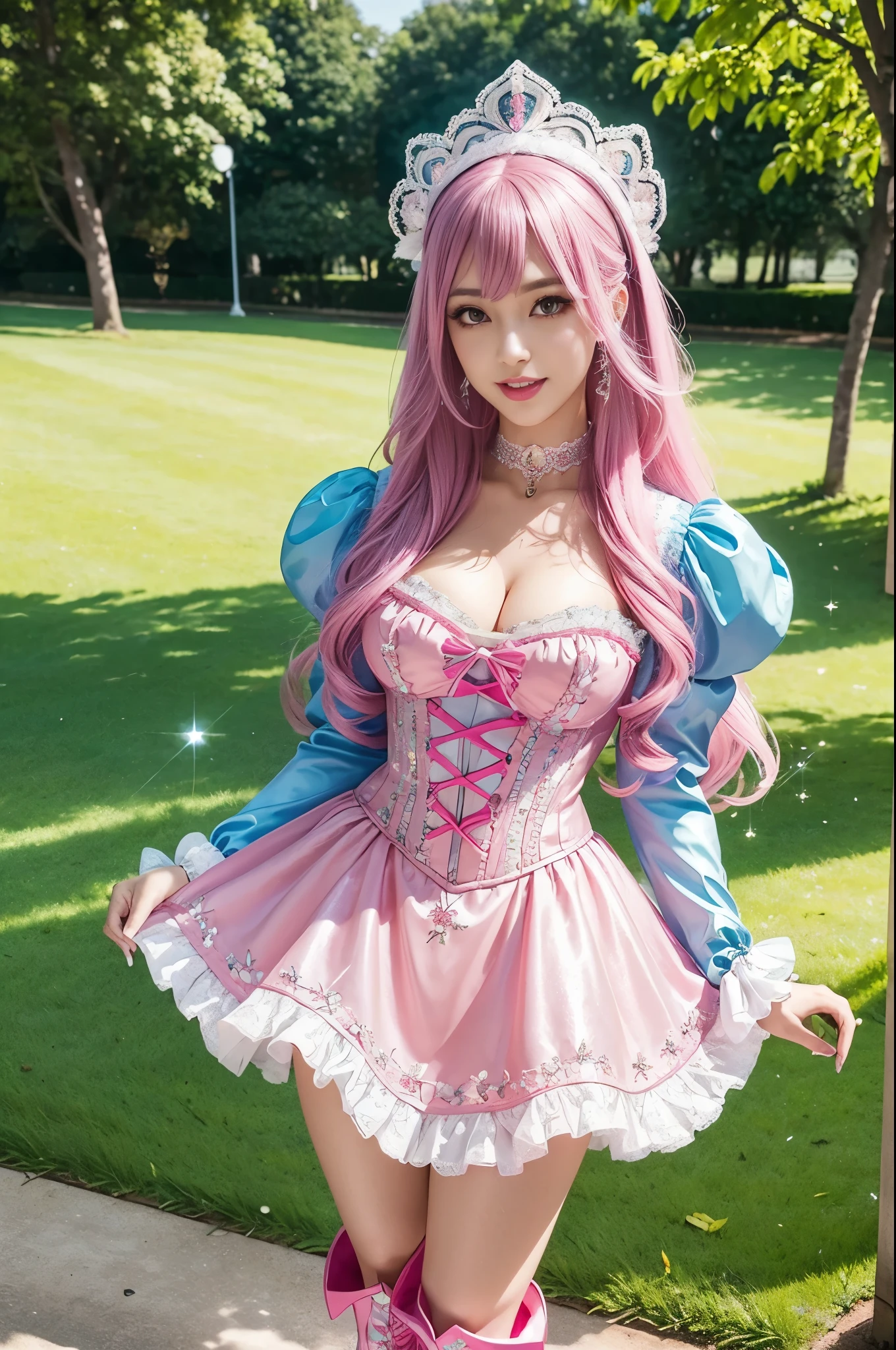 sexy stylish Swedish model, only 1 female, ((doll-like appearance)), long neon pink stylish hair, ((shiny Victorian-Style boots)), (big smile), ultra detailed eyes, vivid eye makeup, lipgloss, long lashes, defined eyebrows, ((sexy Paradise Kiss cosplay)), bell-shaped skirt, petticoats, high neckline, puffed sleeves, ((ultra detailed lace)), ((ultra detailed embroidery)), intricate details, Paradise Kiss accessoires and matching headpiece, choker, ((large sparkling Paradise Kiss jewelry)), cinematic light, detailed large park background with trees