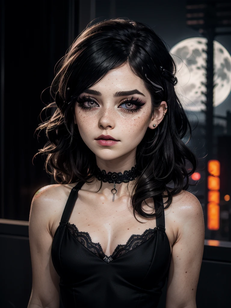 1girl, ((hair over eye)), (tight black lace dress), black bow, ((long hair)), ((straight hair)), (((black hair))), white skin, ((freckles)), pale, white, nervous expression, choker, ((dark makeup, mascara, eyeshadow)), multiple piercings, best quality, 8k, cyberpunk city, neon streets, full moon, erotic
