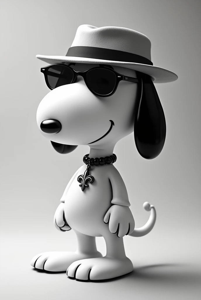 Snoopy wearing sunglasses
Wearing a lily emblem necklace
Wearing a hat
Monochrome