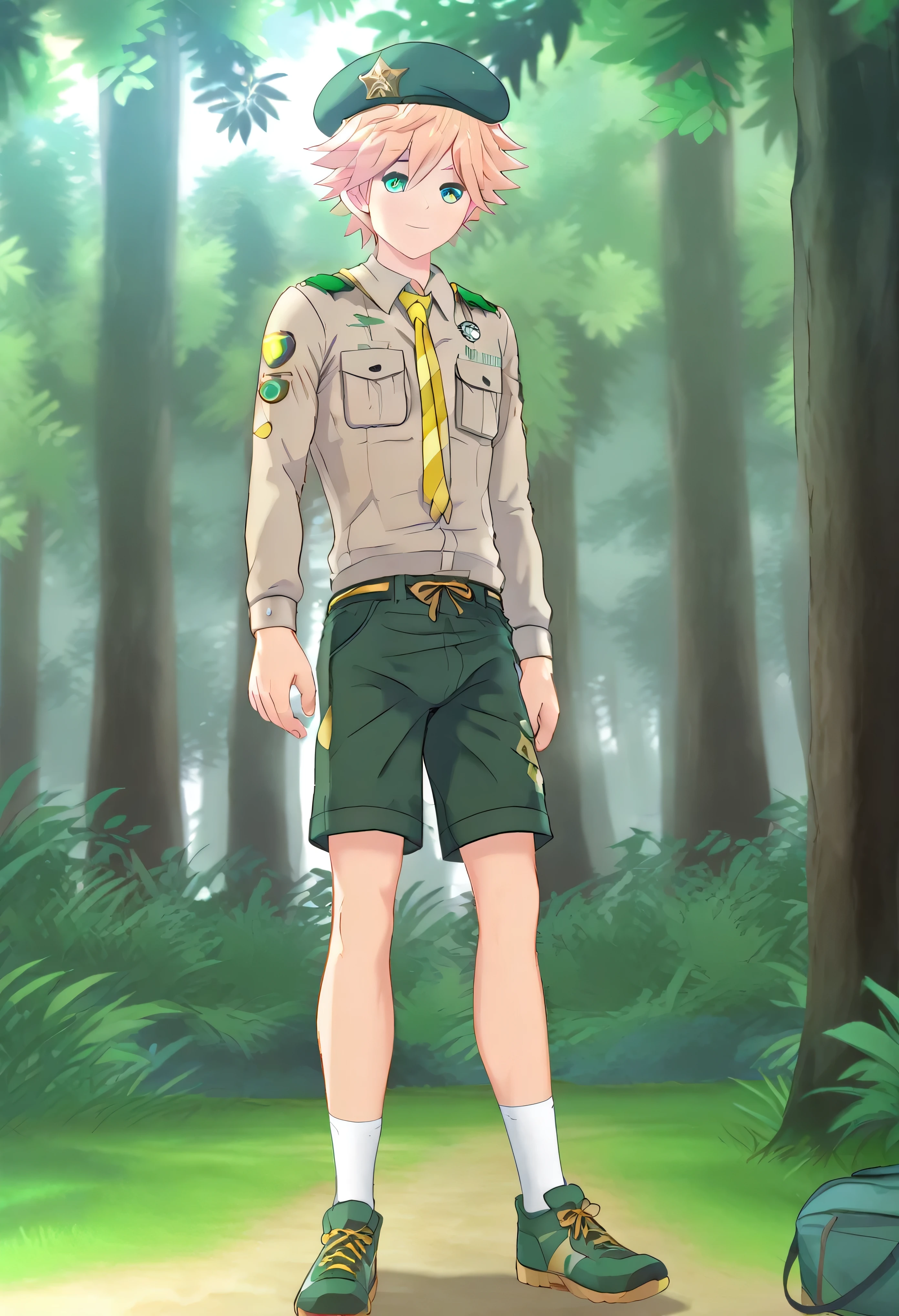 (Masterpiece), (Best Quality), ((Highly Detailed)), Hunter from Camp Buddy, slim, brown-grey shirt, long sleeves, yellow necktie, green shorts, beret, full body, male, boy, horny, nsfw, big bulge in the crotch, 4k, 8k, anime style