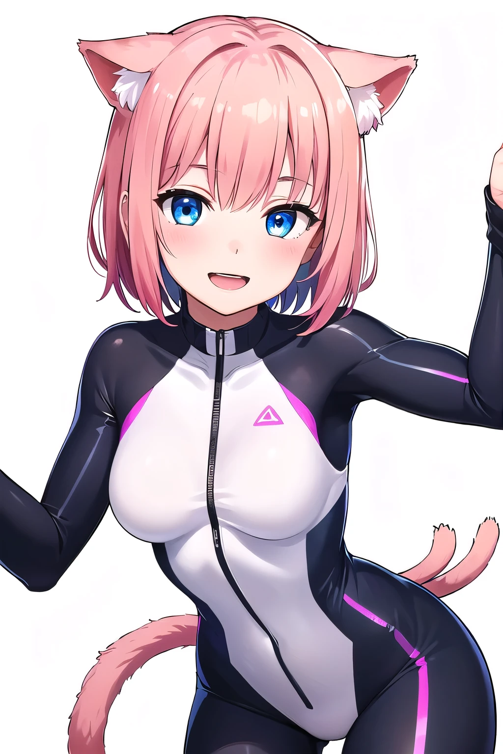 girl,boyish, very short hair, pink Hair, medium Breasts,Black glossy tight suit,Cowboy Shot,blush,sexy face,blue eyes,front leg pose,Tight fit,clearly,Striped pattern, (white background:1.3), cat ears, cat tail, (open mouth:1.2), (smile:1.3)
