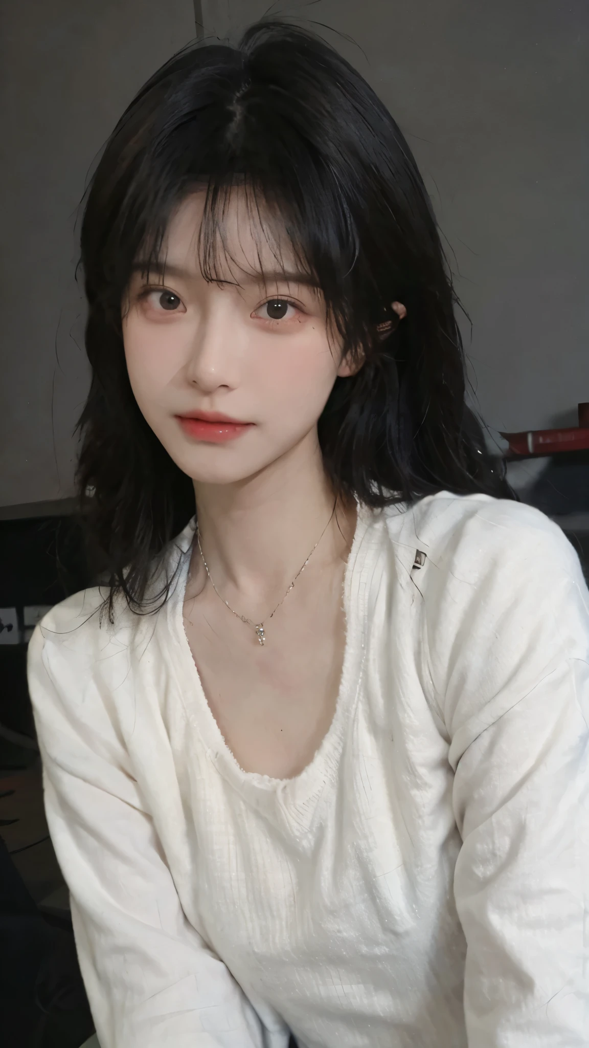 Best quality,Ultra-high resolution,(Realism:1.4),Cute hairpins,girll,Cropped black sweater,Look directly at the audience,Full of atmosphere,Beautiful woman with a slim figure:1.4,supermarket,whole body,Super delicate face,Exquisite eyes,Double eyelids,necklace