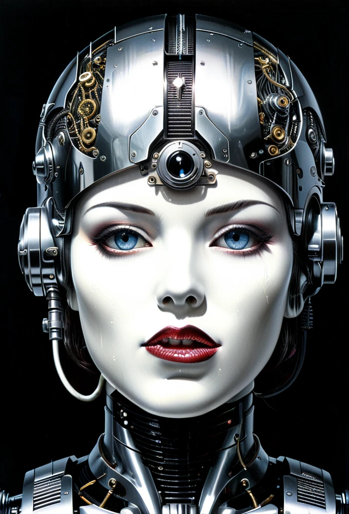 Head shot,Female robot,chrome body technowave, dystopian, noir, engraved, woodwork, dark art, scifi, graphite, by Hajime Soyayama, J. S. G. Boggs, manga drawing, junji ito, SATOU Hirohisa, kazuo umezu, KATSUHIRO OTOMO, hr giger, gustave dore, Bernie Wrightson, Masamune Shirow