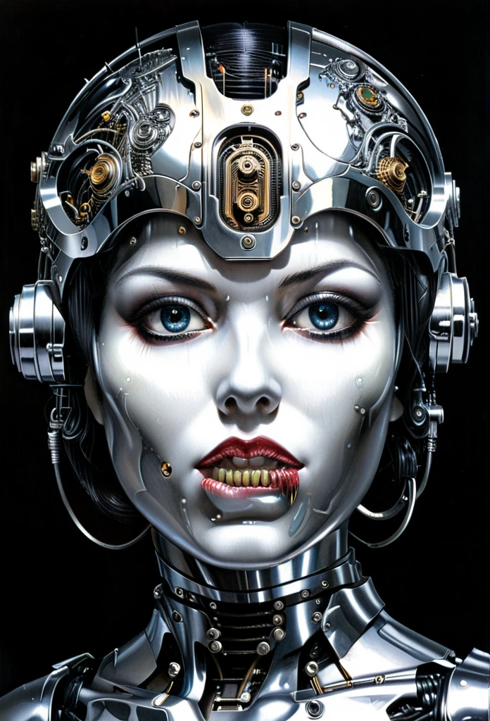 Head shot,Female robot,chrome body technowave, dystopian, noir, engraved, woodwork, dark art, scifi, graphite, by Hajime Soyayama, J. S. G. Boggs, manga drawing, junji ito, SATOU Hirohisa, kazuo umezu, KATSUHIRO OTOMO, hr giger, gustave dore, Bernie Wrightson, Masamune Shirow