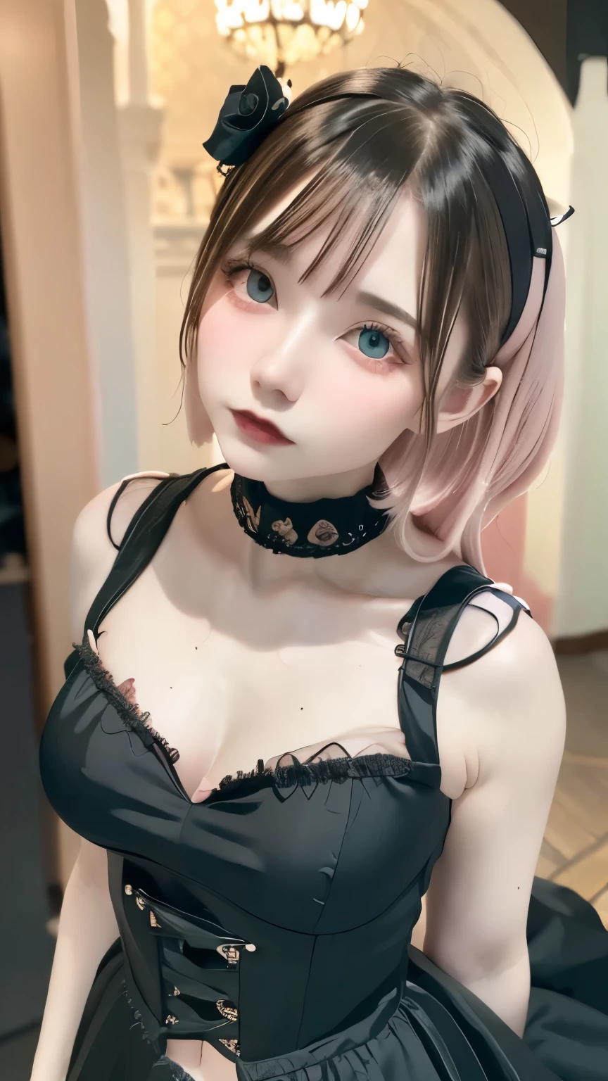 (UHigh resolution, retina, masterpiece, Accurate, Anatomically correct, Textured skin, Very detailed, Attention to detail, high quality, 最high quality, High resolution, 1080P, High resolution, 4K, 8k, 16K), (Beautiful details, Beautiful lip detail, Very detailedな目と顔), Studio Lighting, Physically Based Rendering, Vibrant colors, (Gothic Dress), (Portraiture, Black, shining hair, Glowing Skin), [Stained Glass Windows, Bokeh], (incline one's head to the side:1.5), Eye Reflexes, (blush:1.5), (Gothic art, Pale skin, From above:1.5), Monochrome,
